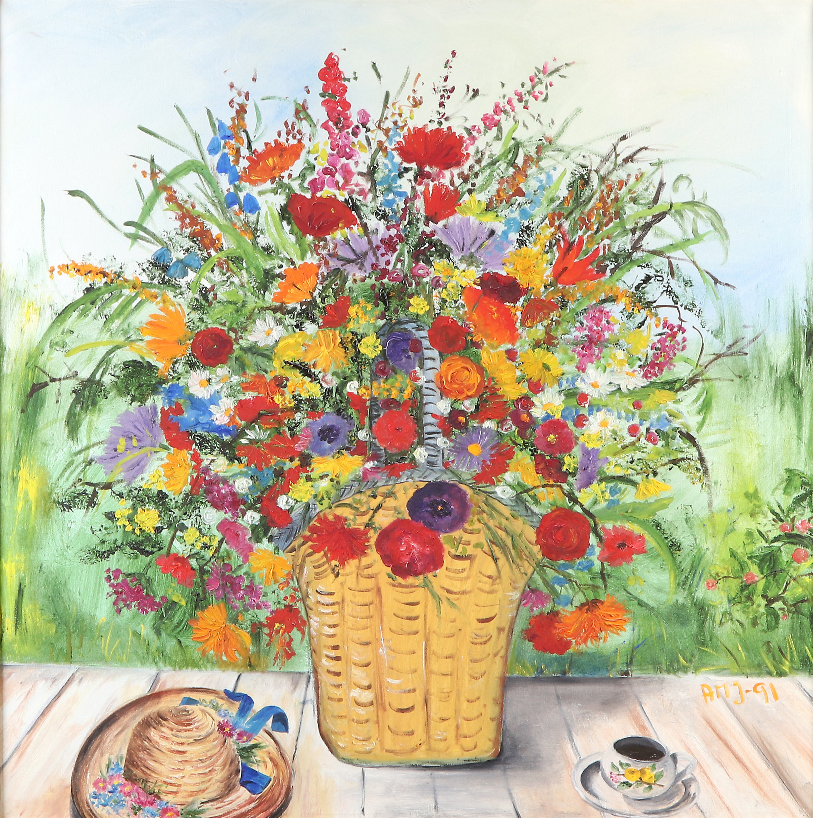 ANN MARIE JÖNSSON (1937-2009). Oljemålning på duk. Signerad och daterad -91. Blomsterstilleben med hatt.