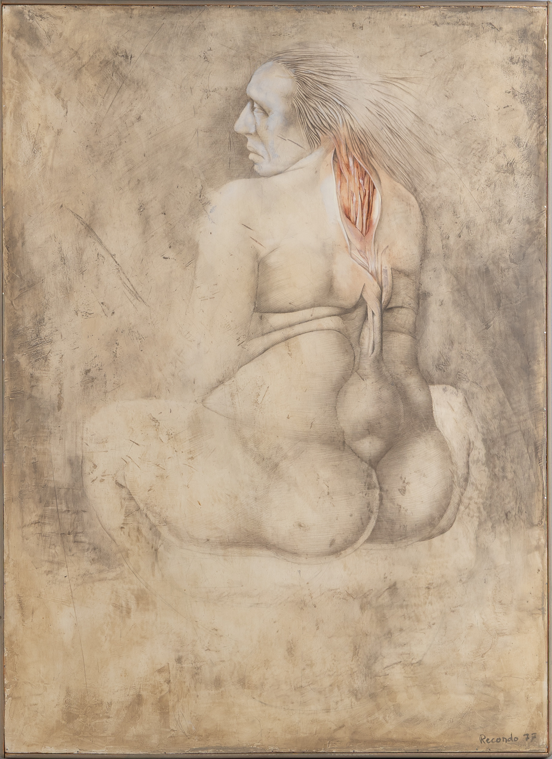 FELIX RECONDO (1932-2015). Olja på pannå, surrealistisk komposition med man.