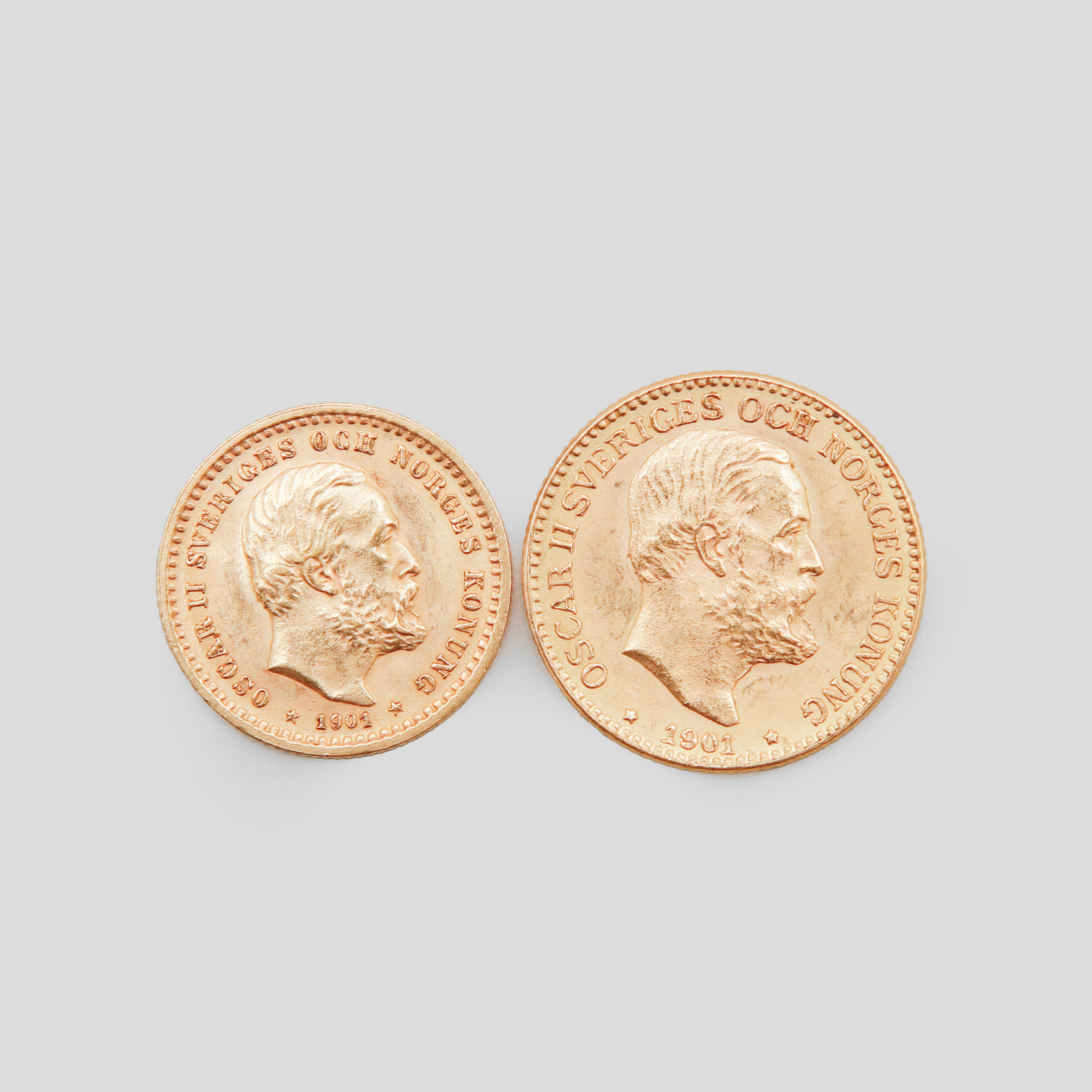 GULDMYNT, 2 st, Oscar II Sverige och Norge, 10 kronor och 5 kronor.