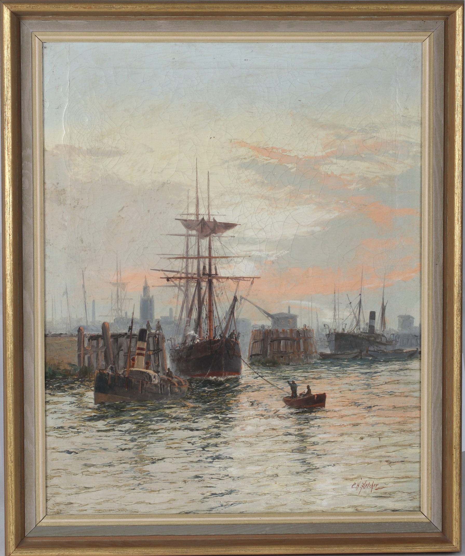 EDWIN HENRY EUGÈNE FLETCHER. Hamnmotiv, olja på duk, signerad.