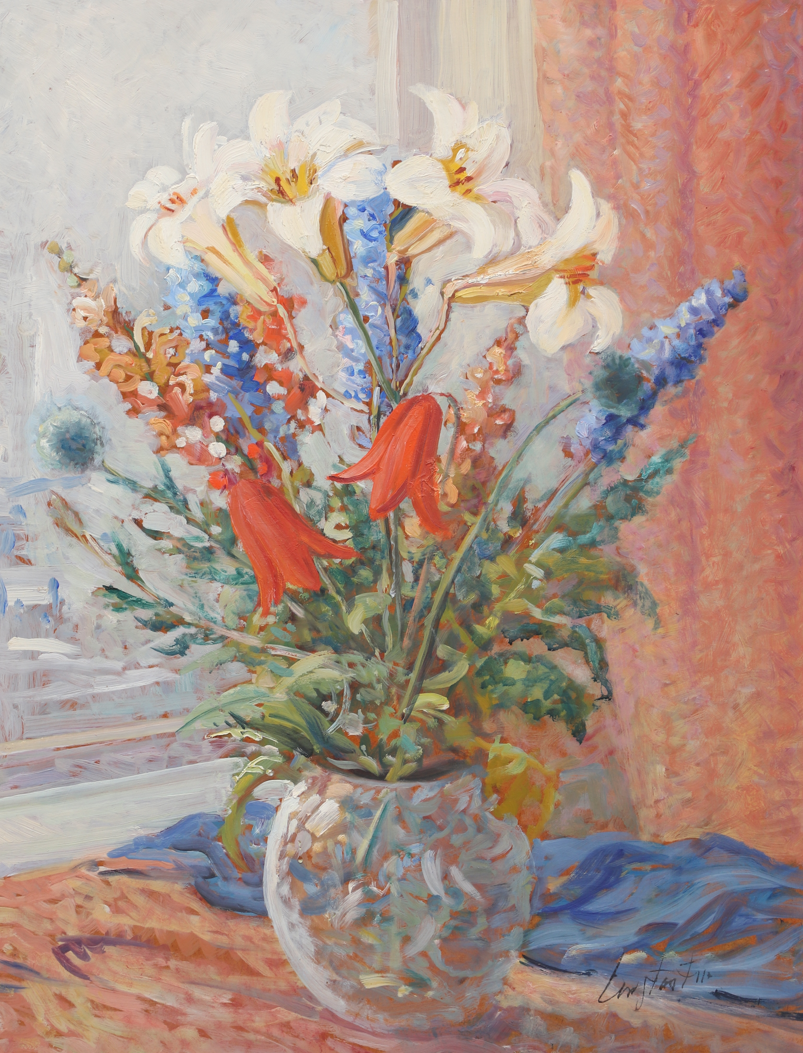 OIDENTIFIERAD KONSTNÄR. olja på pannå, blomsterstilleben, signerad.