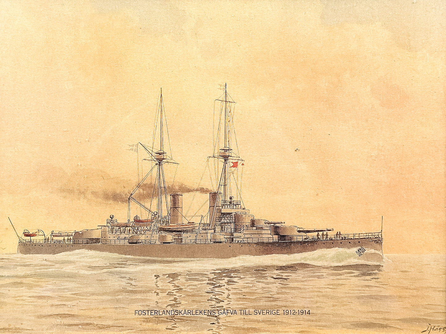 JACOB HÄGG. LITOGRAFISKT TRYCK, efter "Fosterlandskärlekens gåfva till Sverige", signerad, 1912.