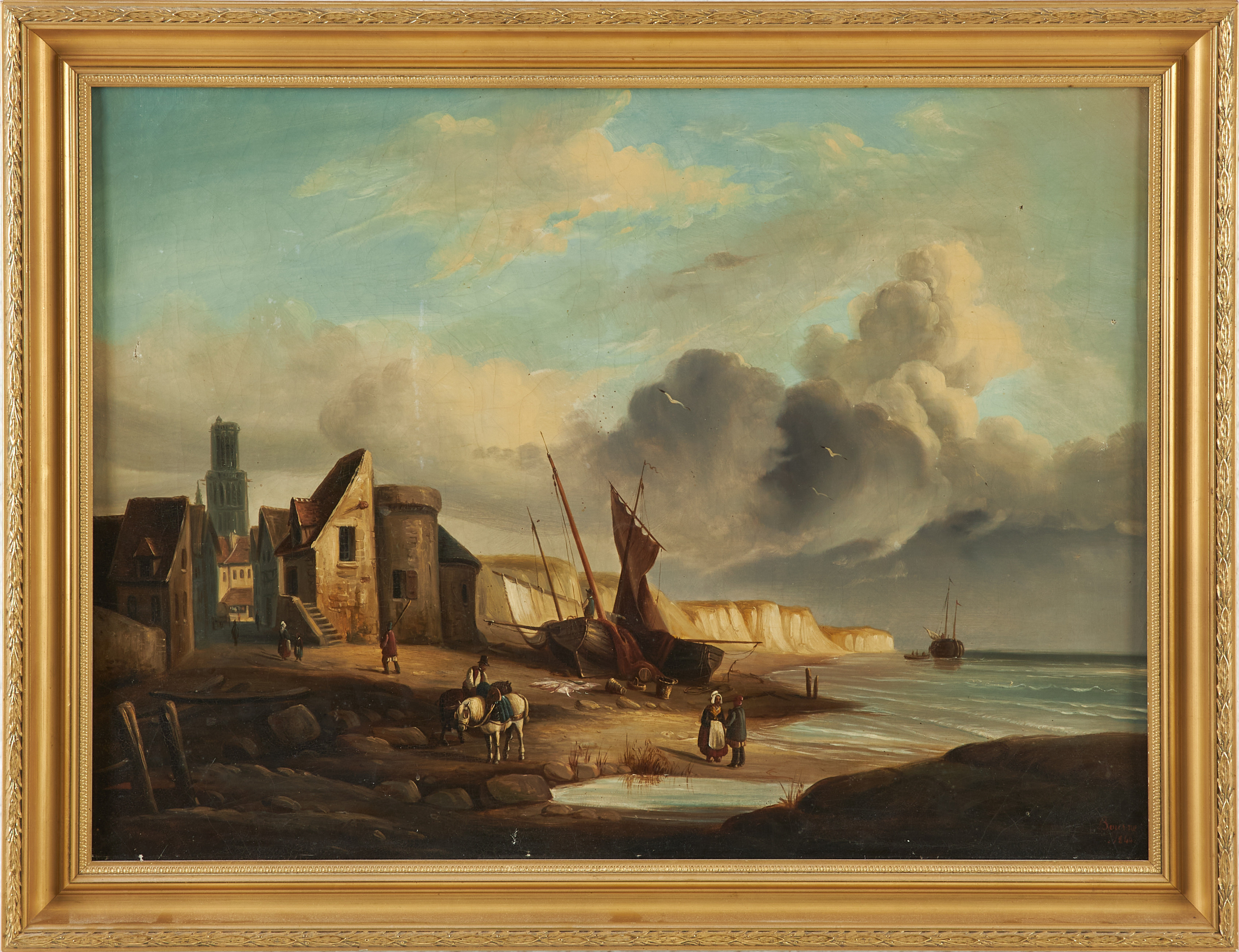 OIDENTIFIERAD KONSTNÄR. Kustby, olja på duk, signerad Bourne, daterad 1844.