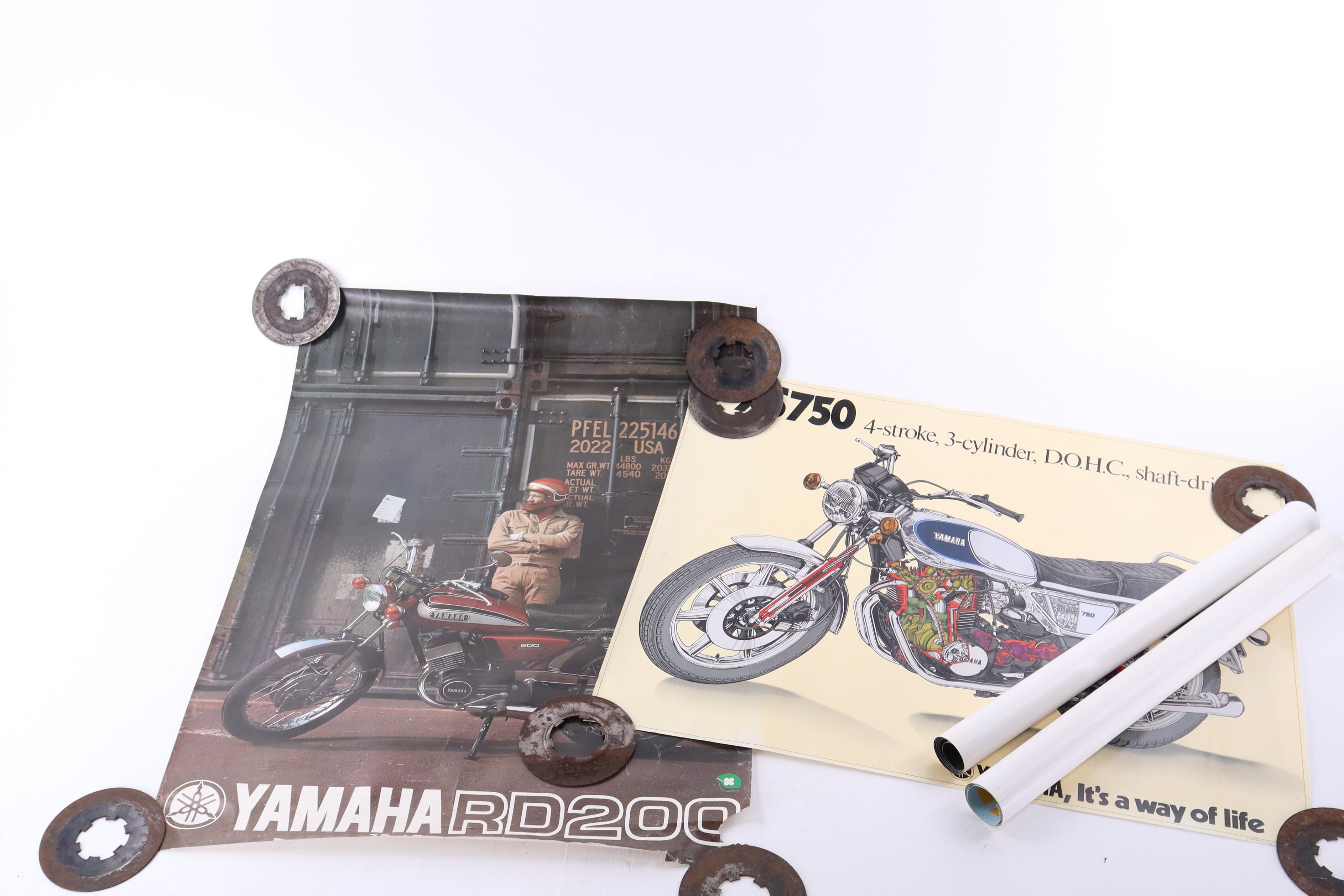 YAMAHA, planscher, 4 st, motiv med motorcyklar, ca 1970/80-tal.