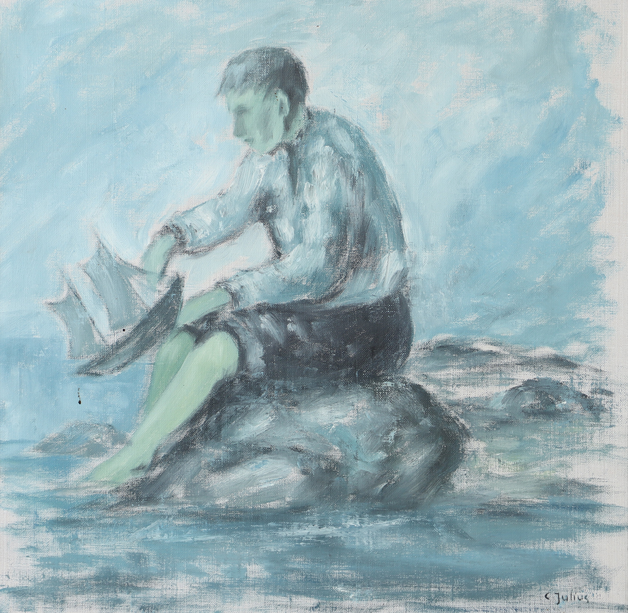 CARL JULIUS. Pojke med segelbåt, olja på duk, signerad C. Julius.