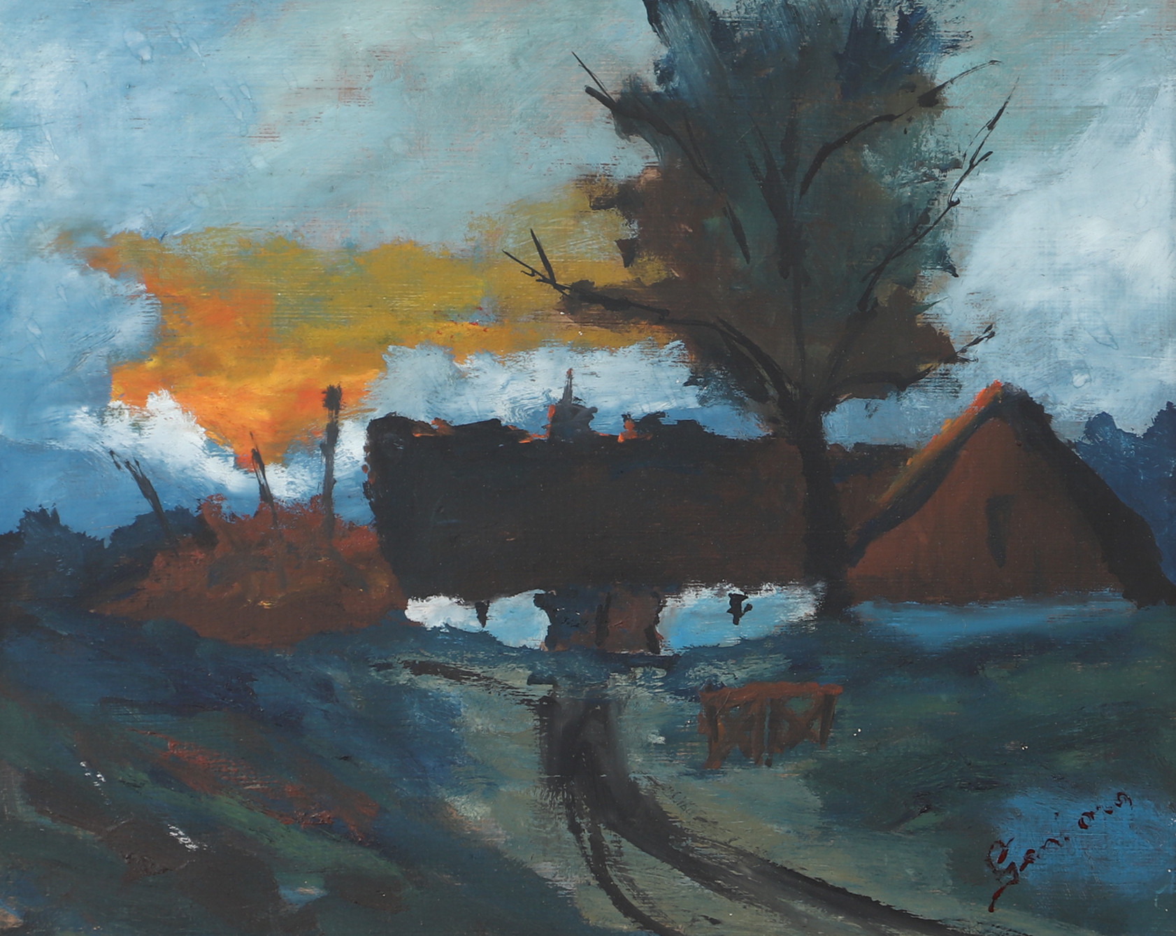 OIDENTIFIERAD KONSTNÄR. Landskap med gård, olja på pannå, otydligt signerad.