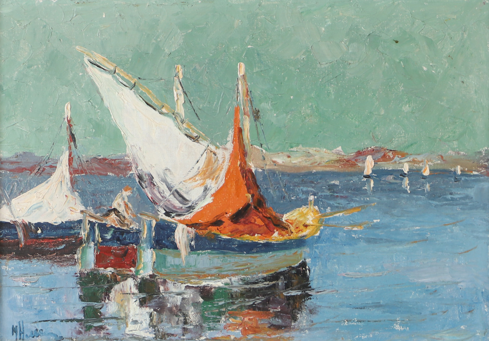 MAX HELLBERG. Kustparti med båtar, olja på duk, signerad.