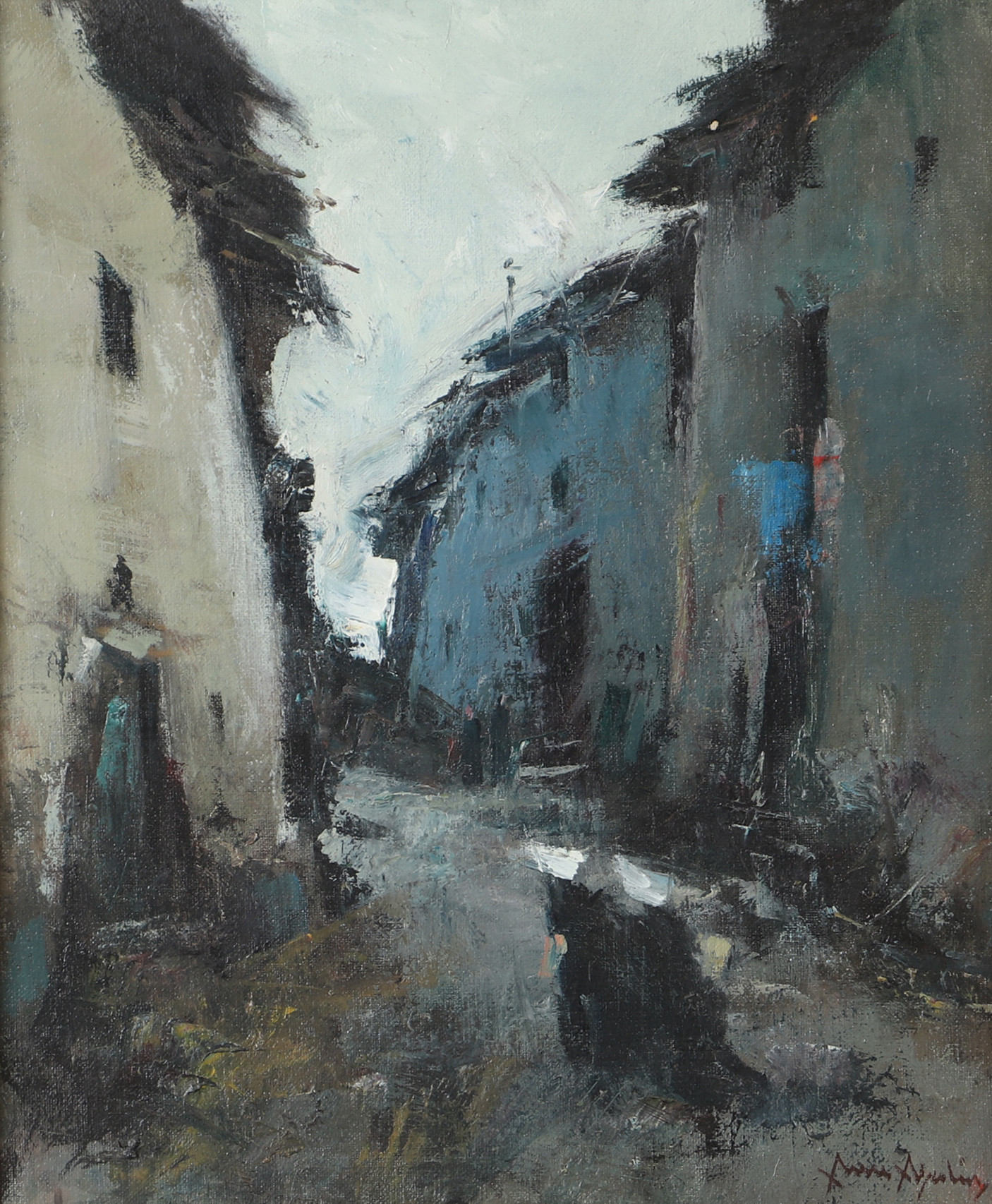 ARNE ASPELIN. Gatumotiv, olja på duk, signerad.