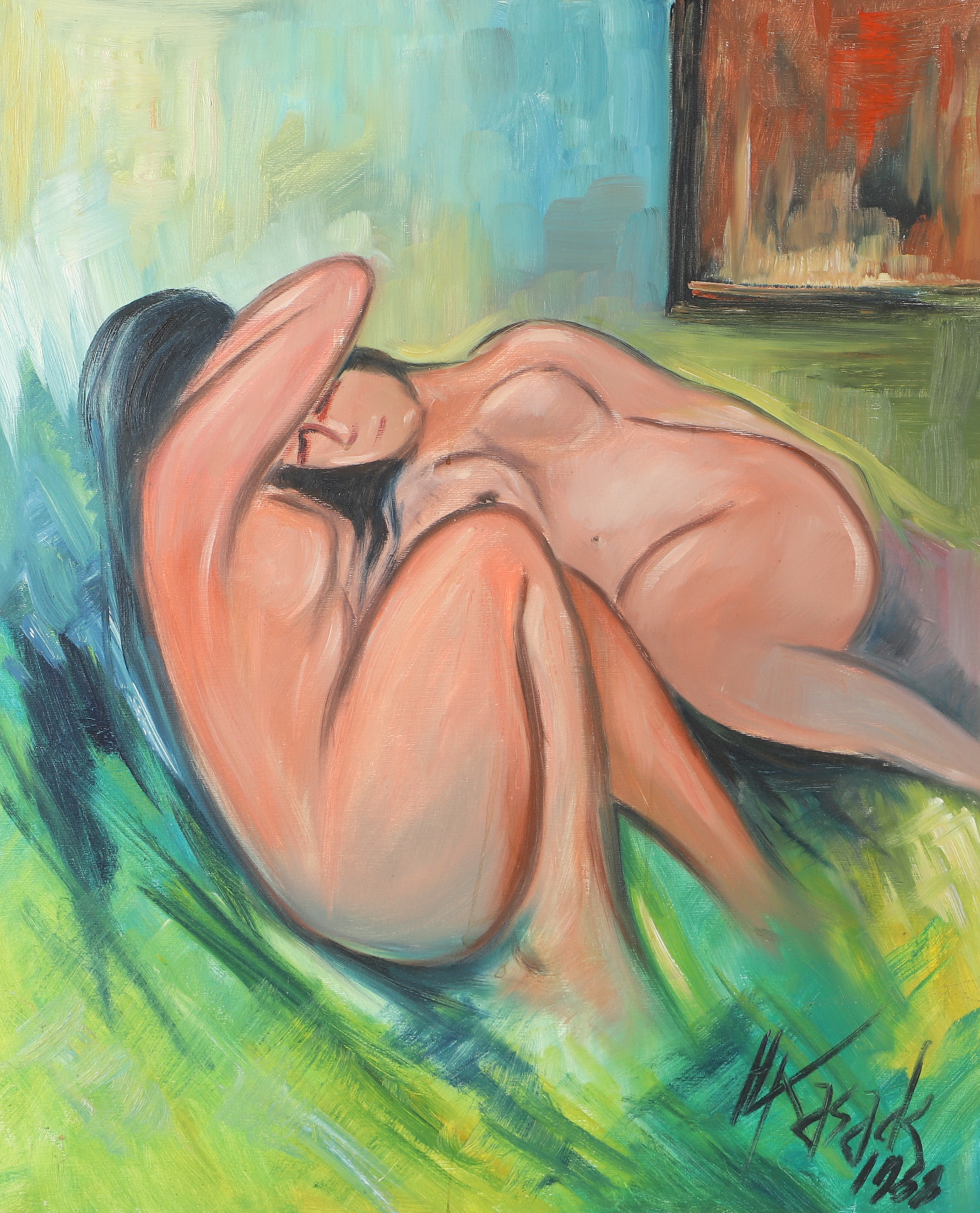 OIDENTIFIERAD KONSTNÄR. Nakna kvinnor, olja på duk,, signerad H. Kasack 1988.