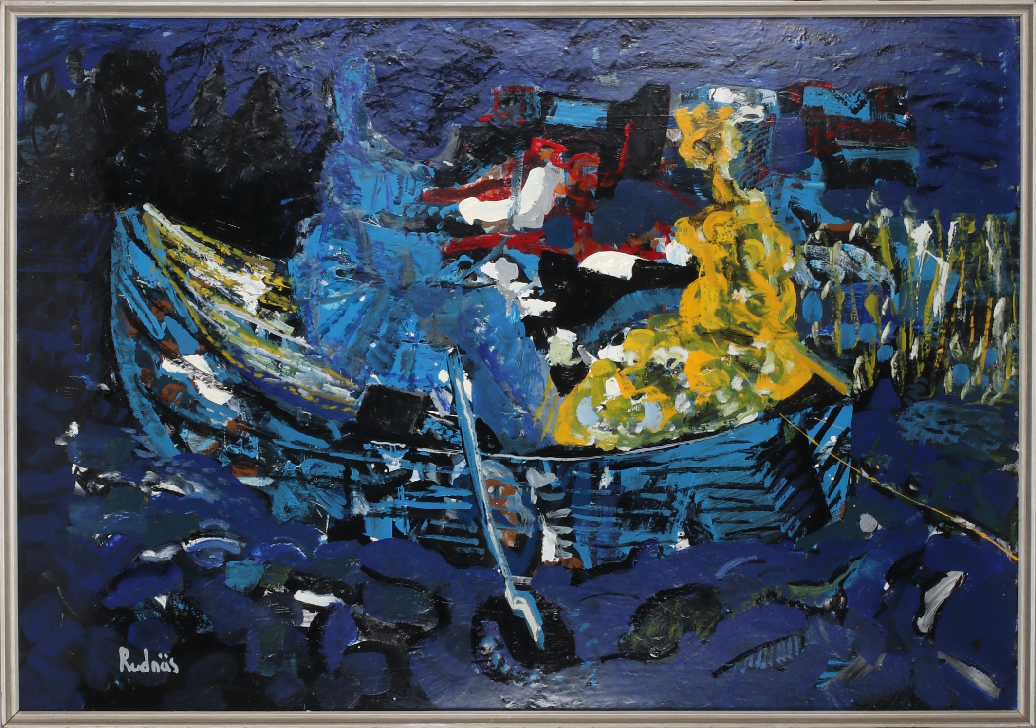 STEN-BIRGER RUDNÄS. båtfärd, olja på pannå, signerad.