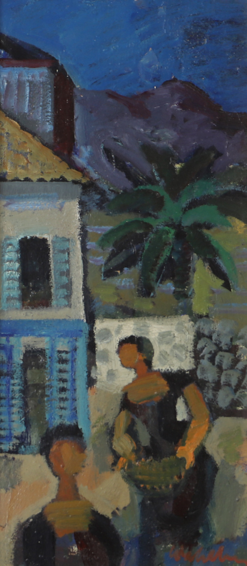 BERTIL WAHLBERG. Stadsbild med figurer, olja på duk, signerad.