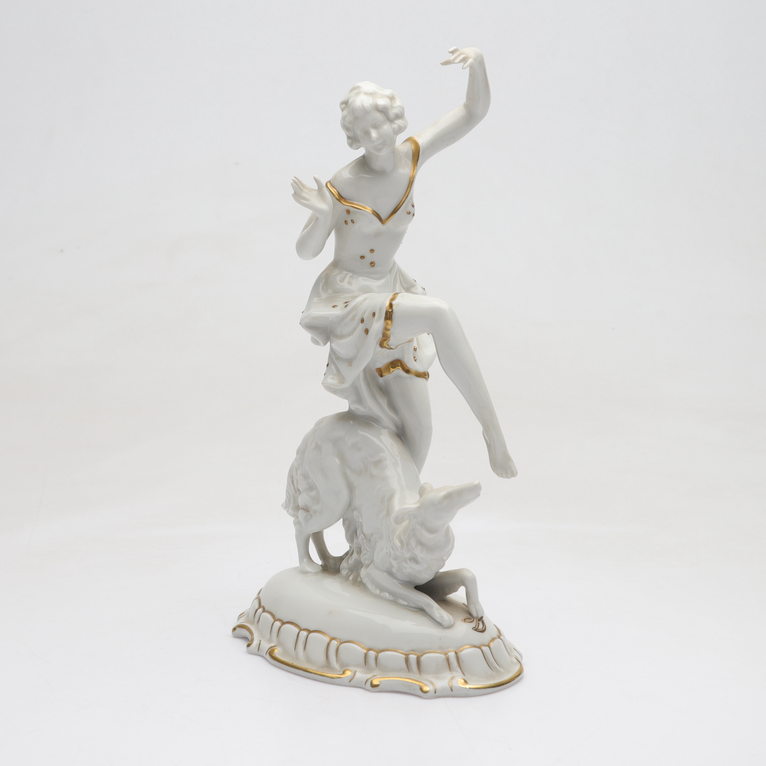 FIGURIN, kvinna med borzoi, porslin, art deco, Wallendorfer Porzellan, Fraureuth, möjligen Carl Werner, 1920-tal.