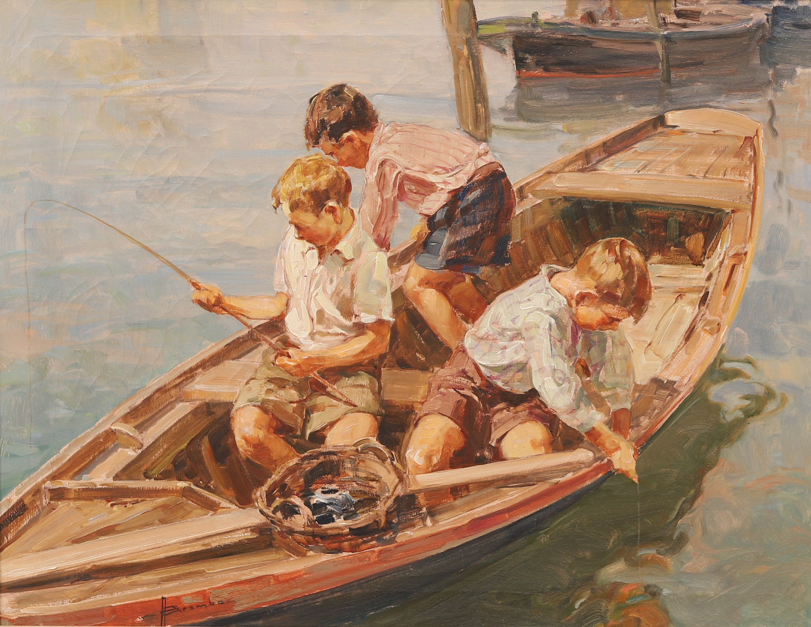 ANGELO BROMBO (1893-1962). Fiskande pojkar, olja på duk, signerad.