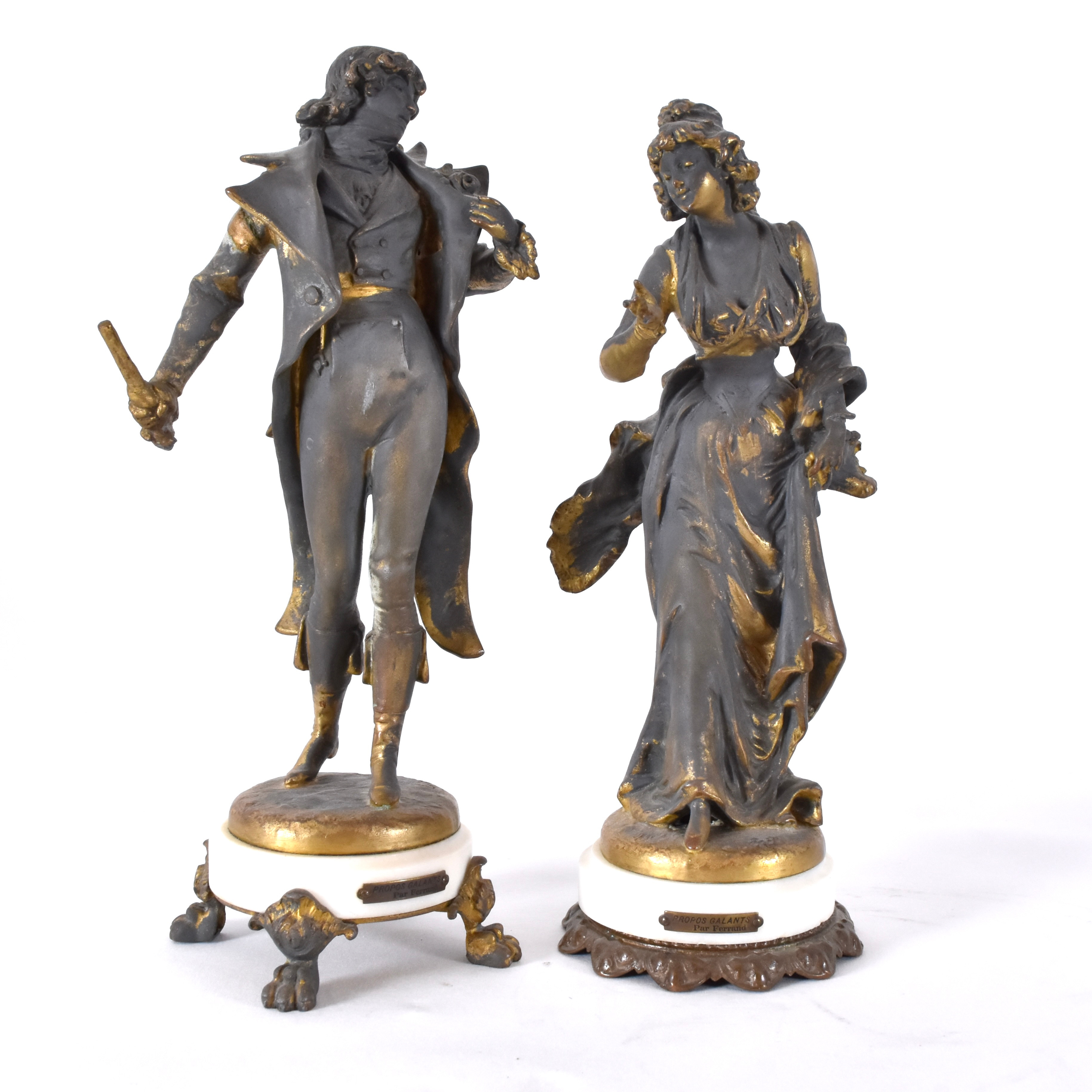 ERNEST JUSTIN FERRAND. EFTER. skulpturer, 2 st, bronserad metall på vit marmorsockel.