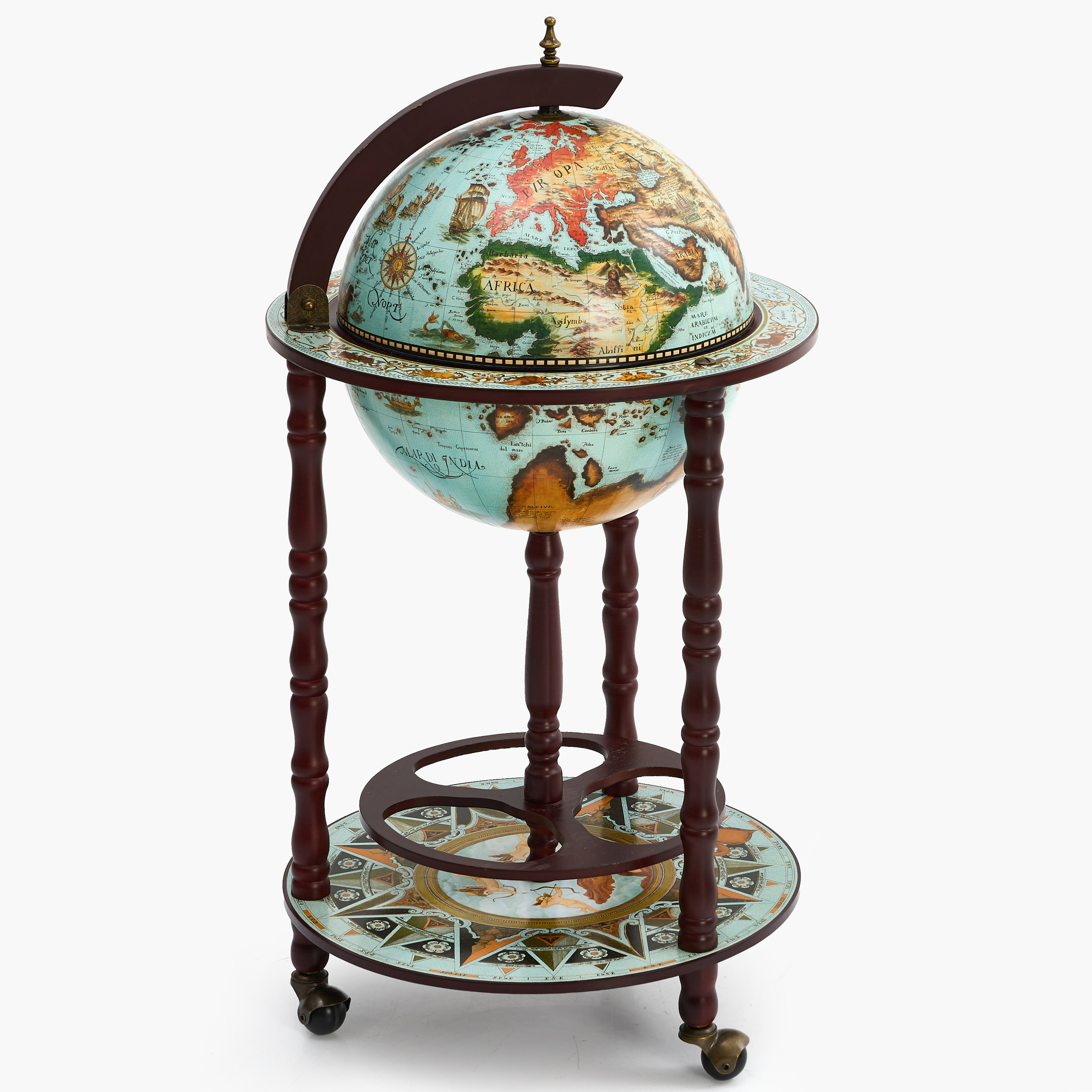 BARSKÅP, i form av jordglob, 1900-talets slut. Tryckt dekor, på hjultrissor. Inredning med snurrfunktion.