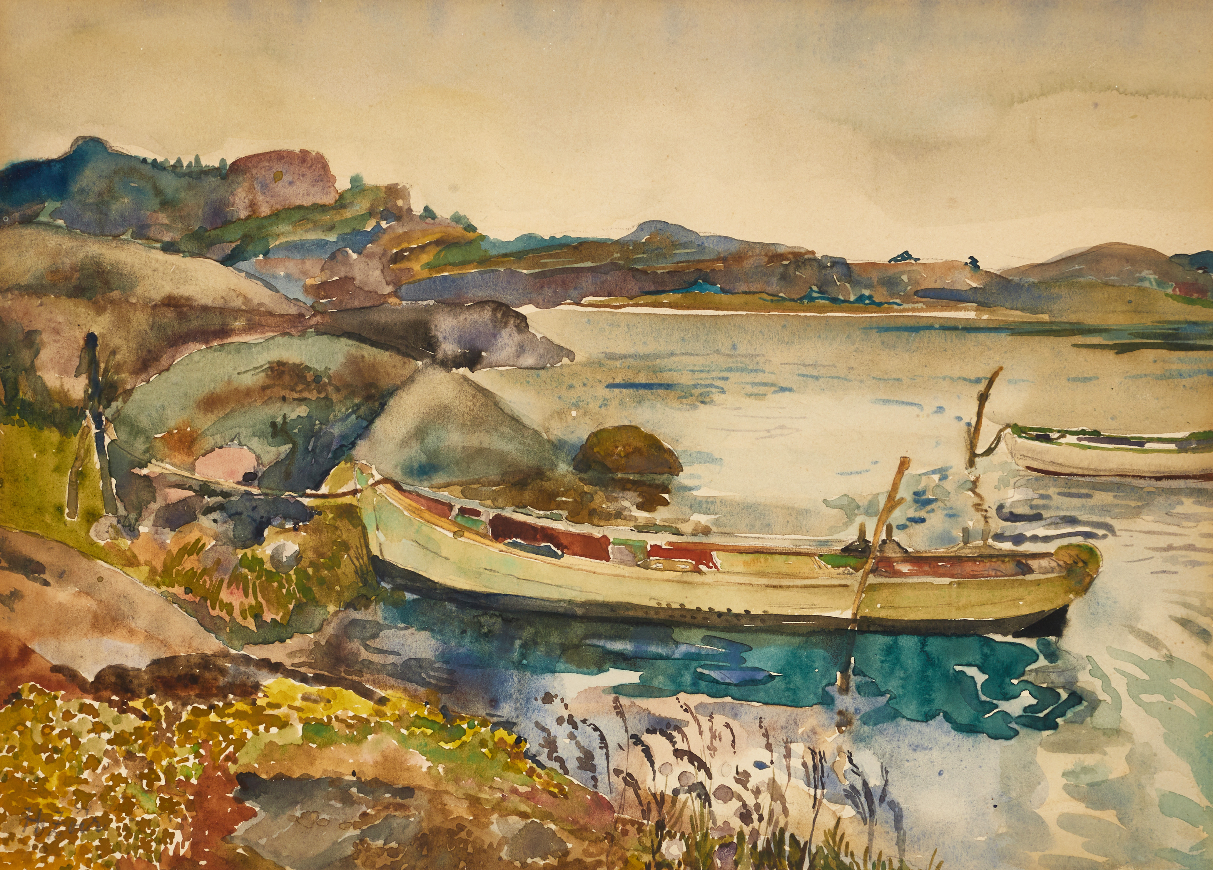 HILDEGARD ZOIR (1876-1935): Båt vid klippa, signerad i blyerts, akvarell.