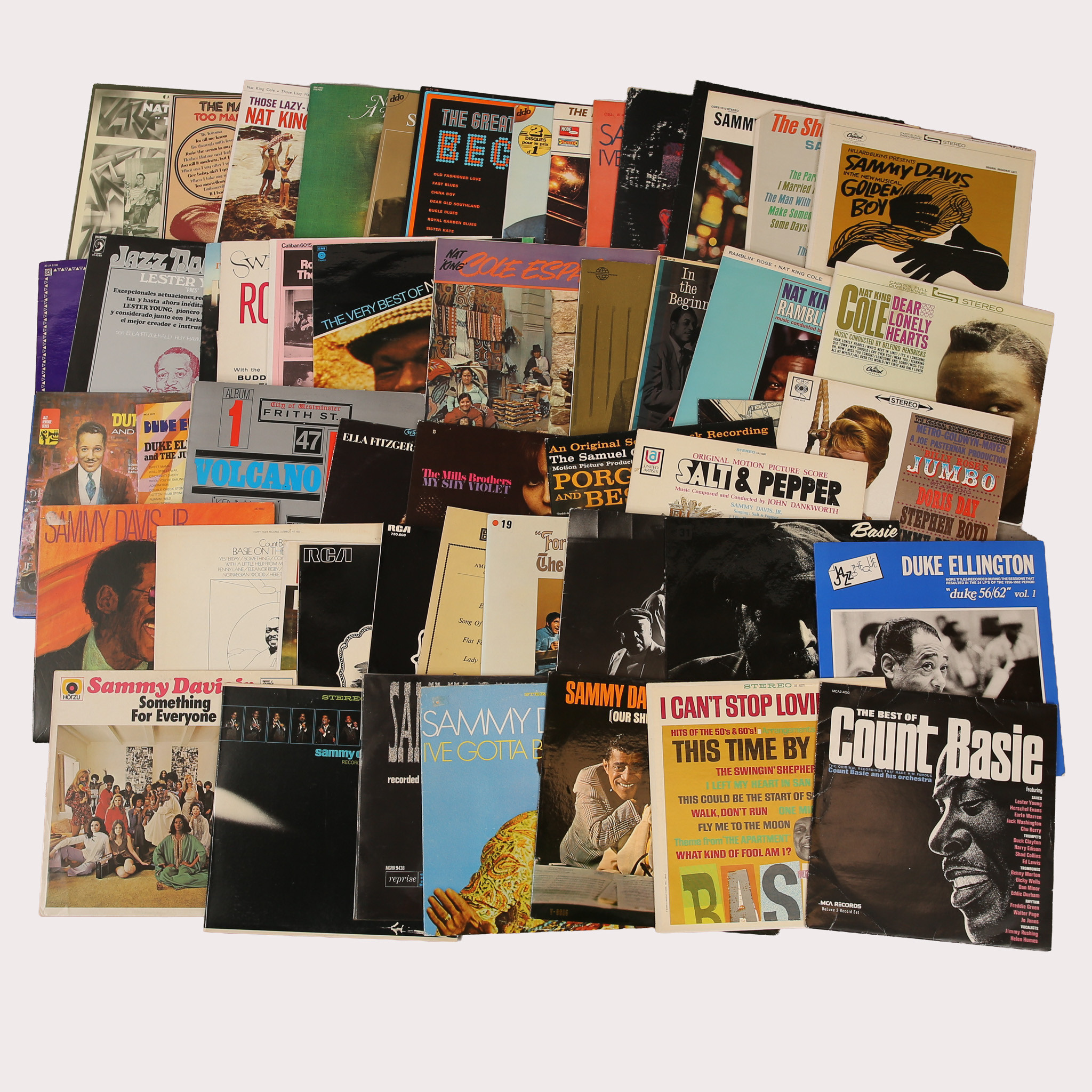 PARTI VINYL/LP skivor, jazz, Nat King Cole, Count Basie, Duke Ellington, Sammy Davies Jr mfl, ca 50 stycken.