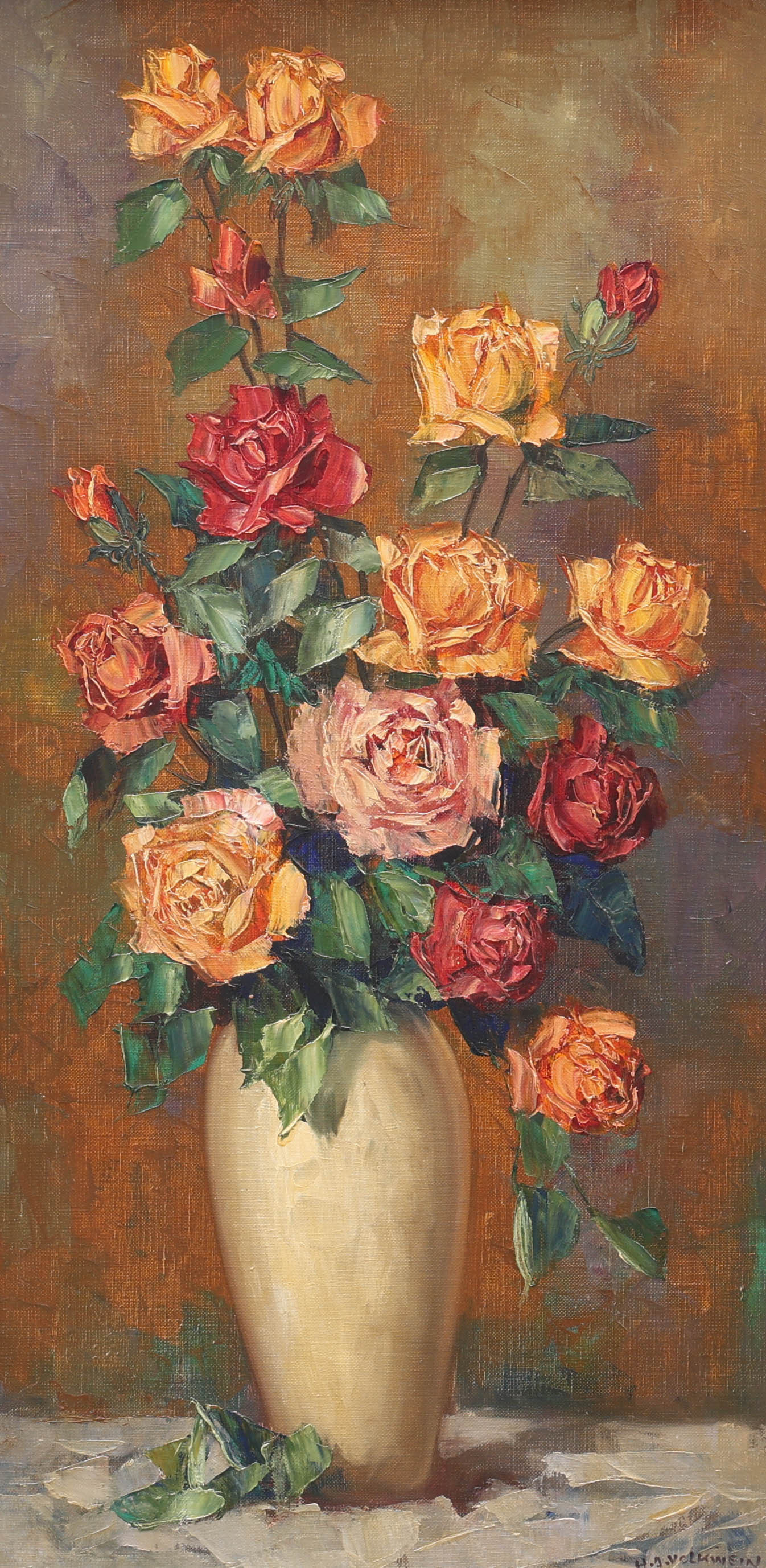 HELMUTH ANDREAS VOLKWEIN. olja på duk, stilleben rosor i vas, signerad H.A Wolkvein.