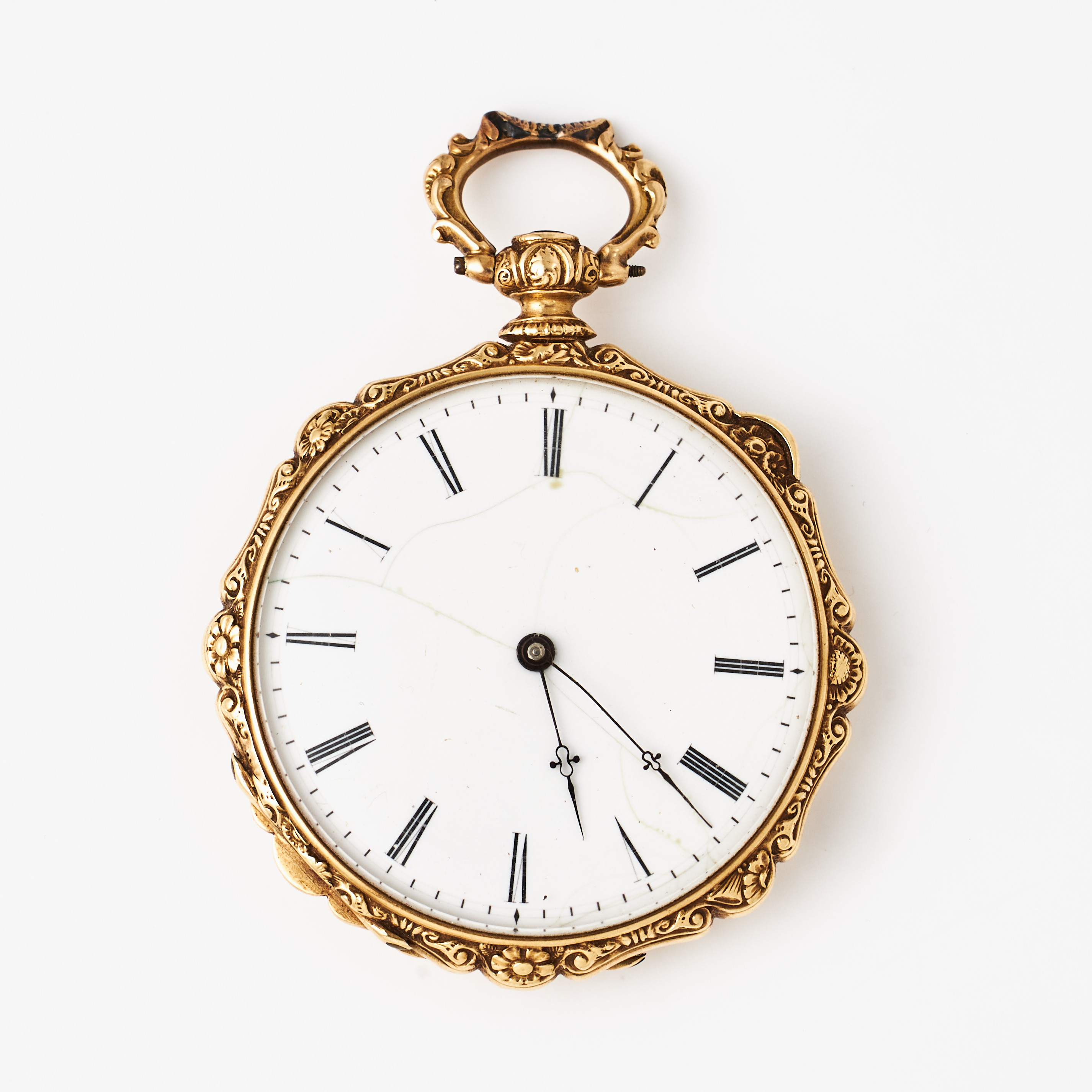 G.W. LINDEROTH, Stockholm, fickur, 18 k guld, vitemaljerad urtavla, romerska siffror, plexiglas, innerlock i oädel metall, 1800-tal.
