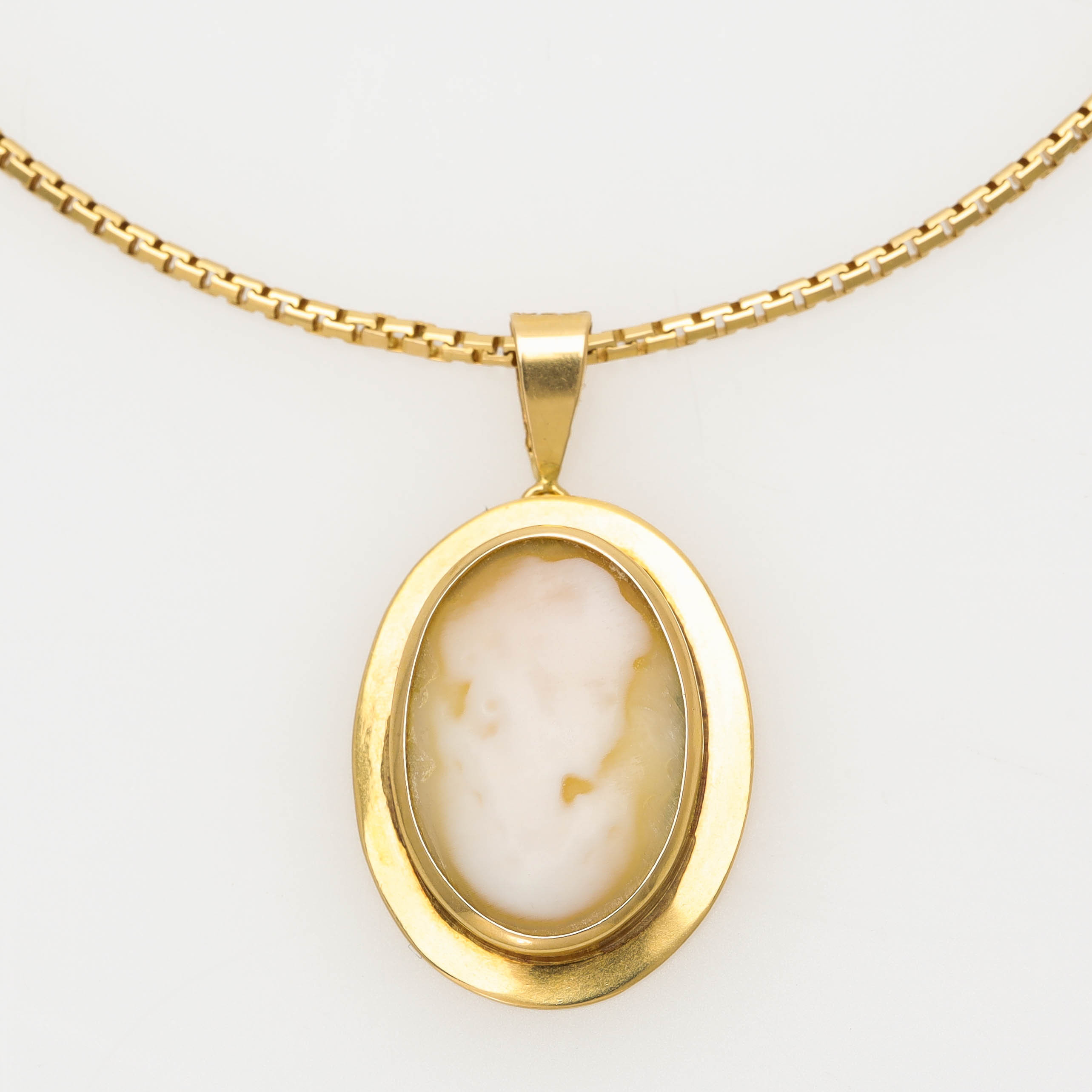 KEDJA med HÄNGE, 18 k guld, venezialänk med caméhänge i snäckskal.