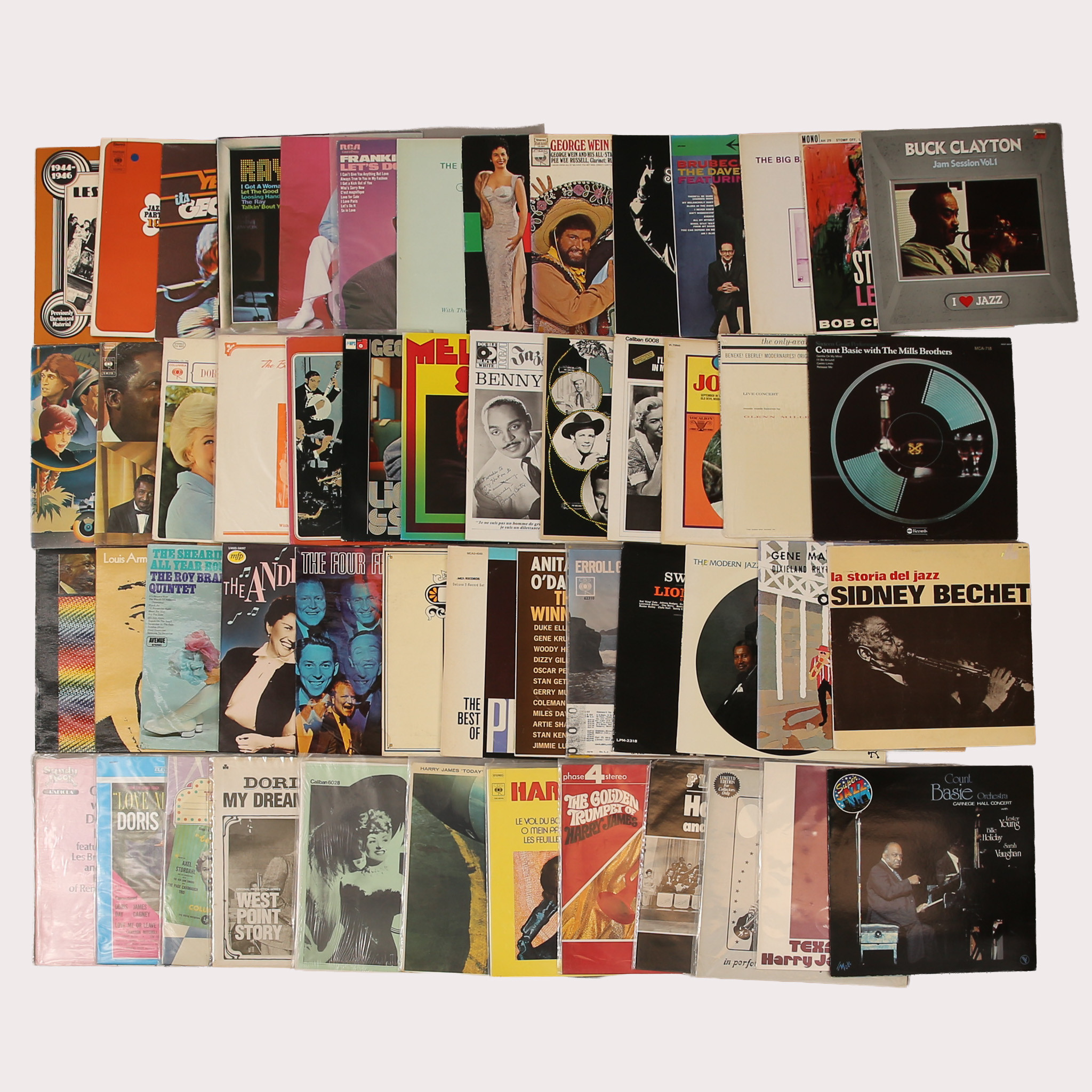 PARTI VINYL/LP skivor, jazz bla Harry James, Gene Krupa, Doris Day, Louis Armstrong mfl, tot ca 50 st.