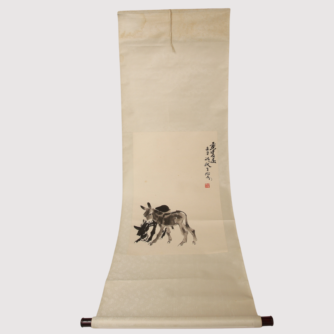 RULLMÅLNING, två åsnor, Kina, omkring 1900-talets mitt.