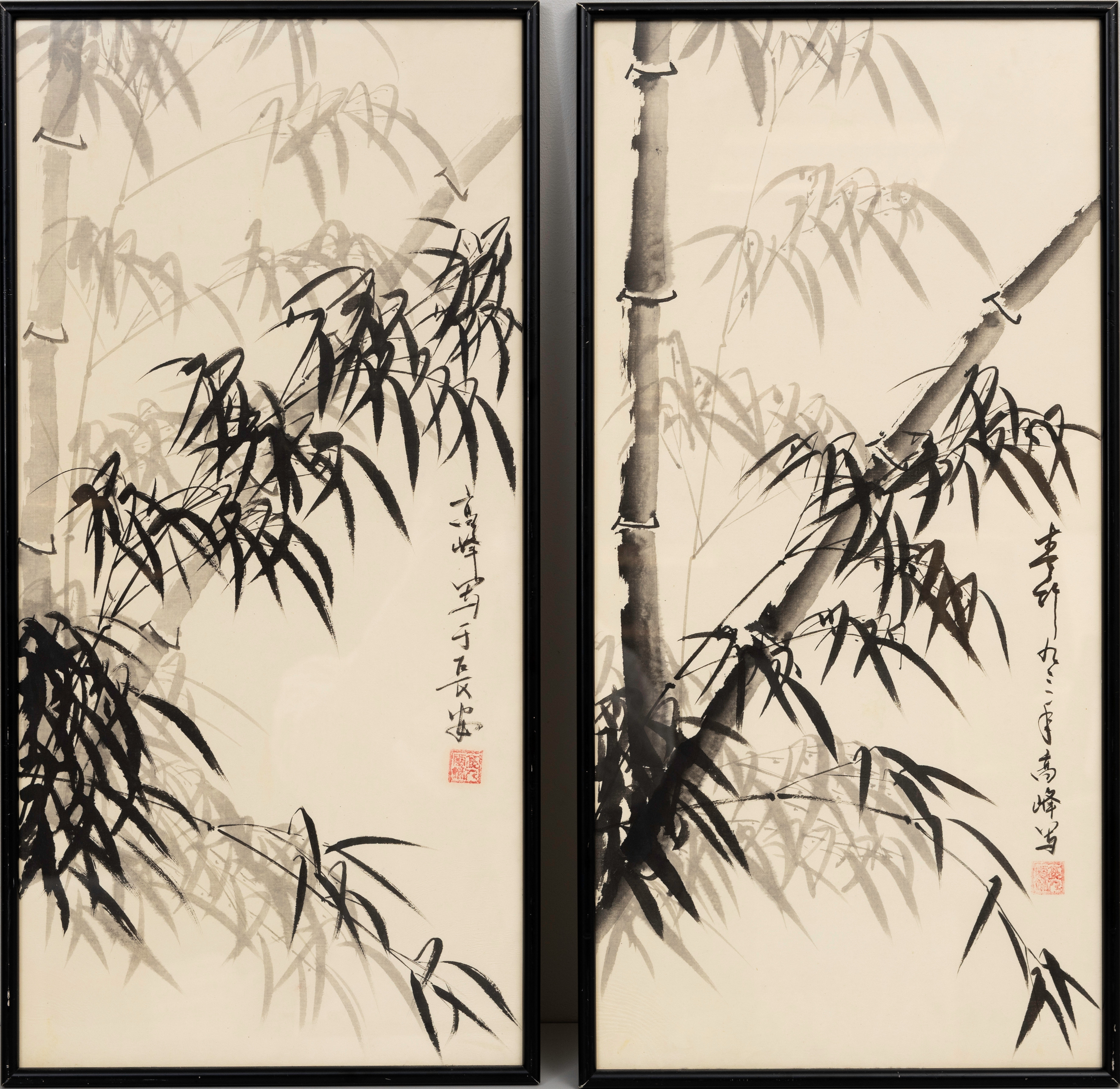 OIDENTIFIERAD KONSTNÄR. 2 st. Akvarell/tusch på papper, motiv av bambu, Kina.