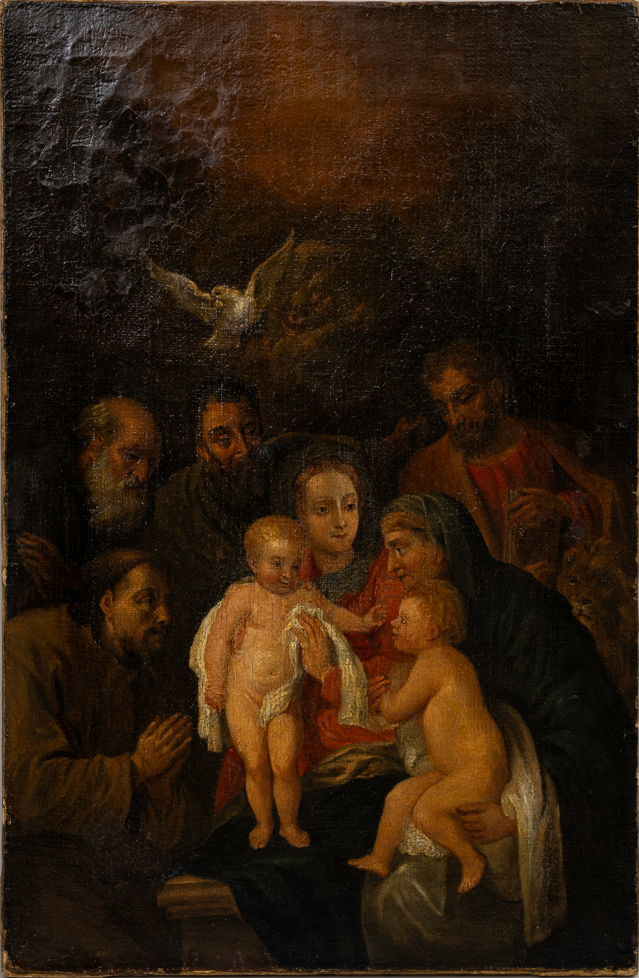 OKÄND KONSTNÄR. Sakralt motiv med Jesus och Johannes med mödrar, olja på duk, dubblerad, 1700-/1800-tal.