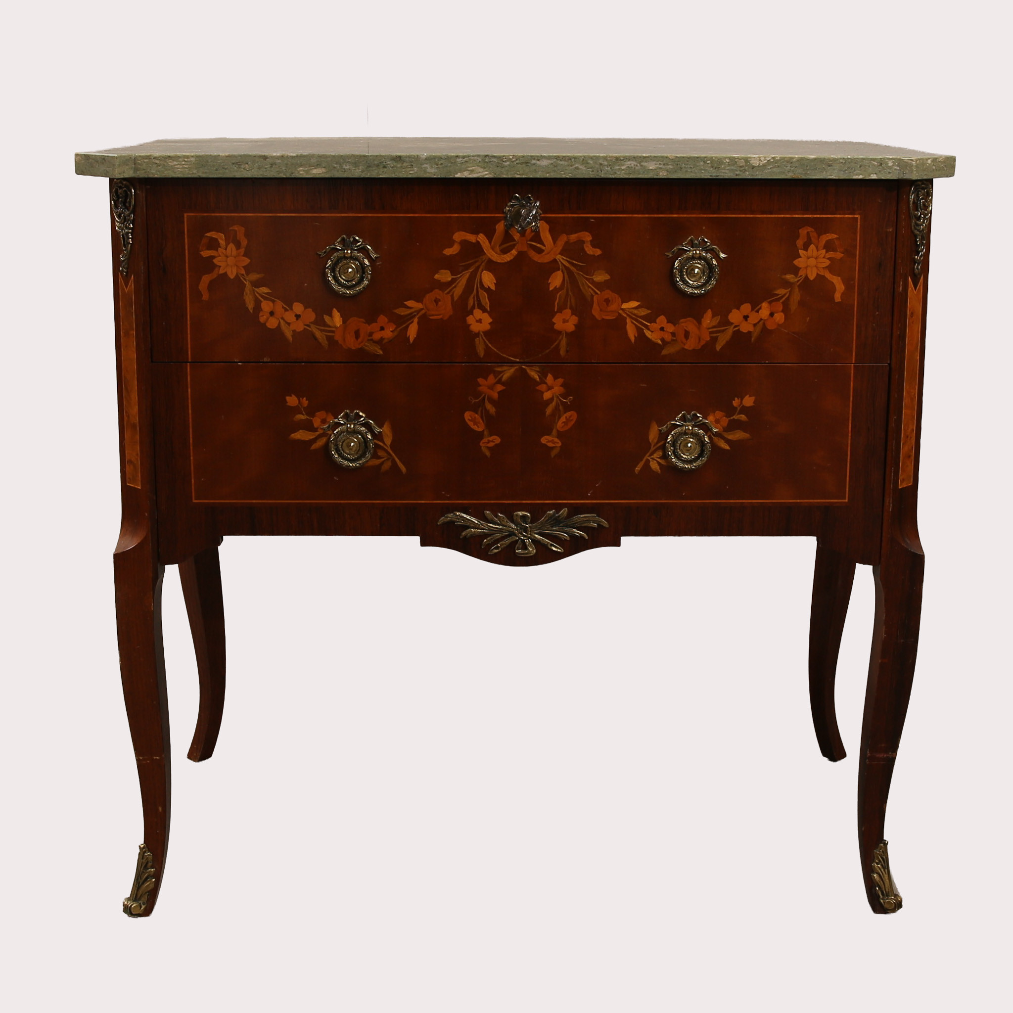 BYRÅ, med stenskiva och intarsia, 1900- talets mitt.