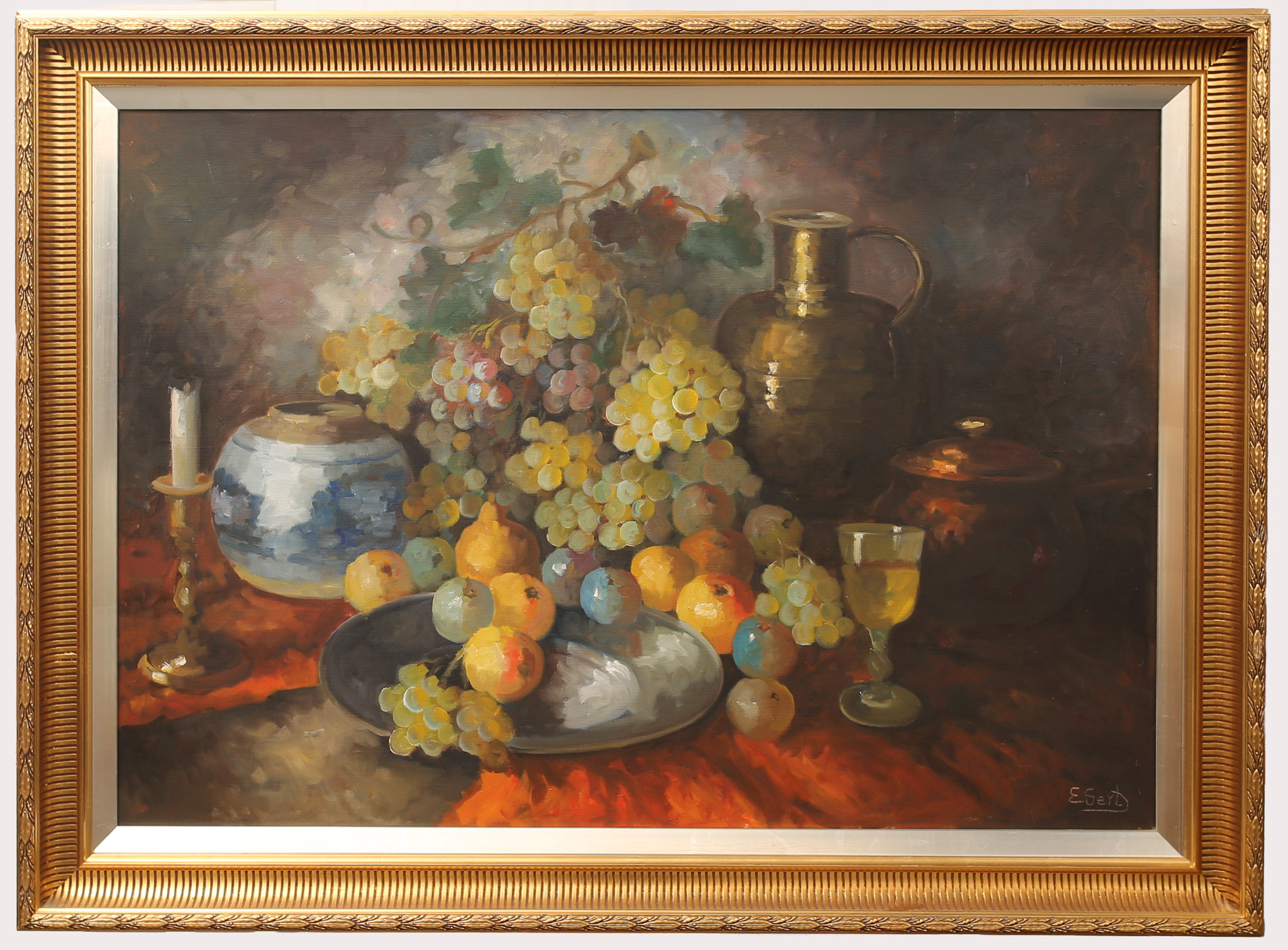 EDITH GERT. Olja på duk, stilleben med frukt och kannor, signerad.