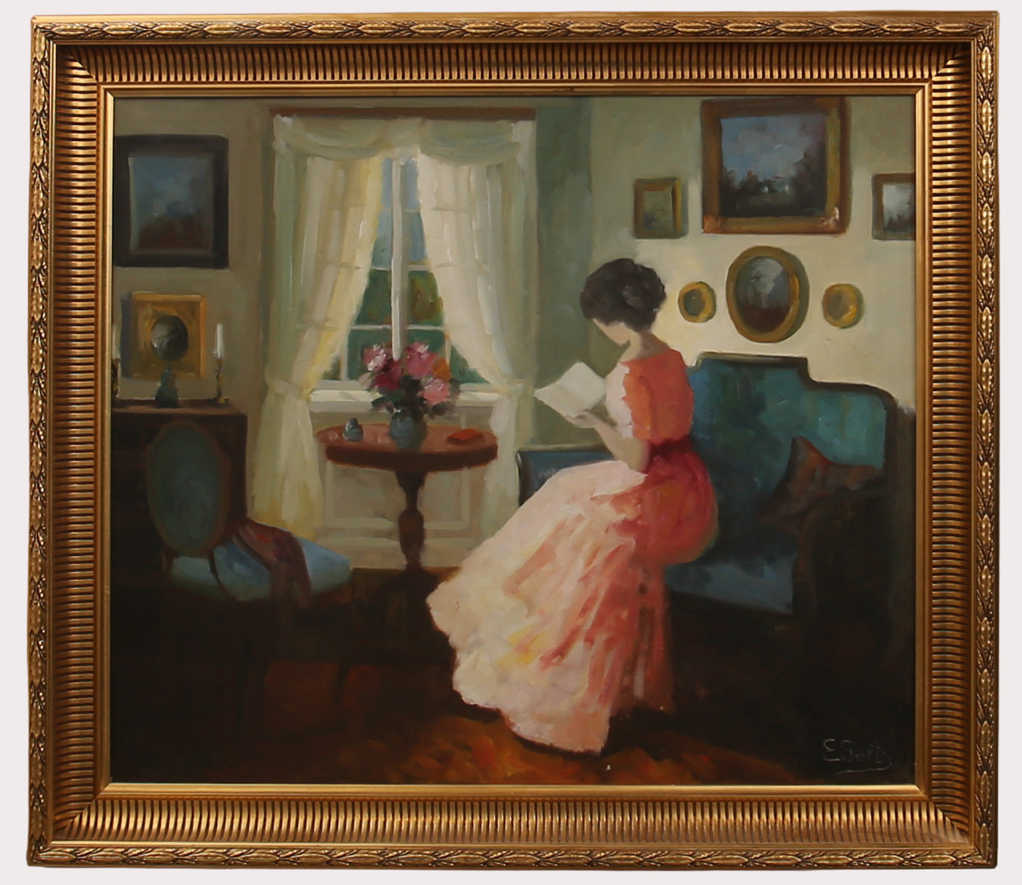 EDITH GERT. Olja på duk, rumsinteriör med läsande kvinna, signerad.