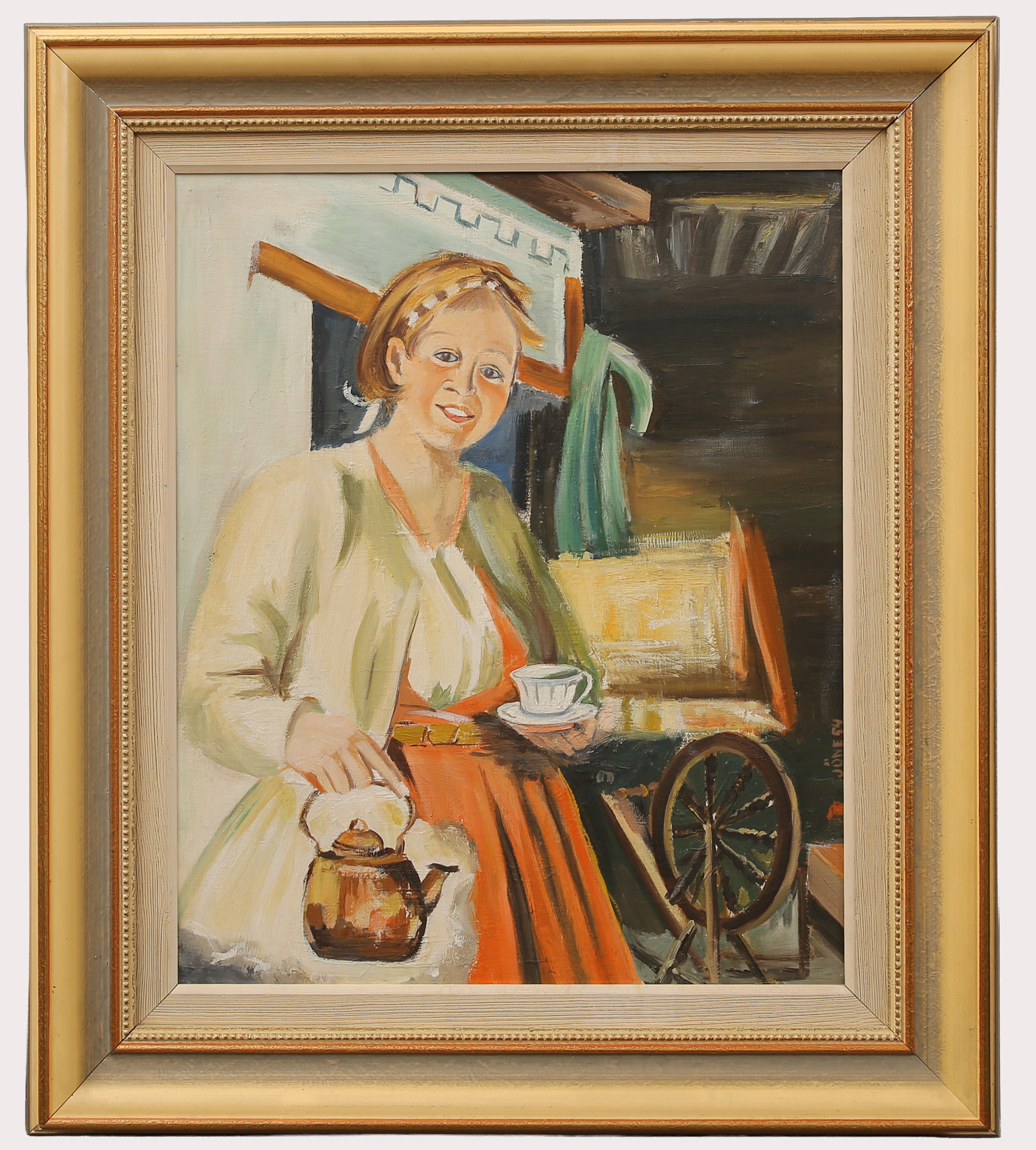 OIDENTIFIERAD KONSTNÄR. Olja på pannå, kvinna med kopp och kanna signerad, Jöne, daterad 1954.