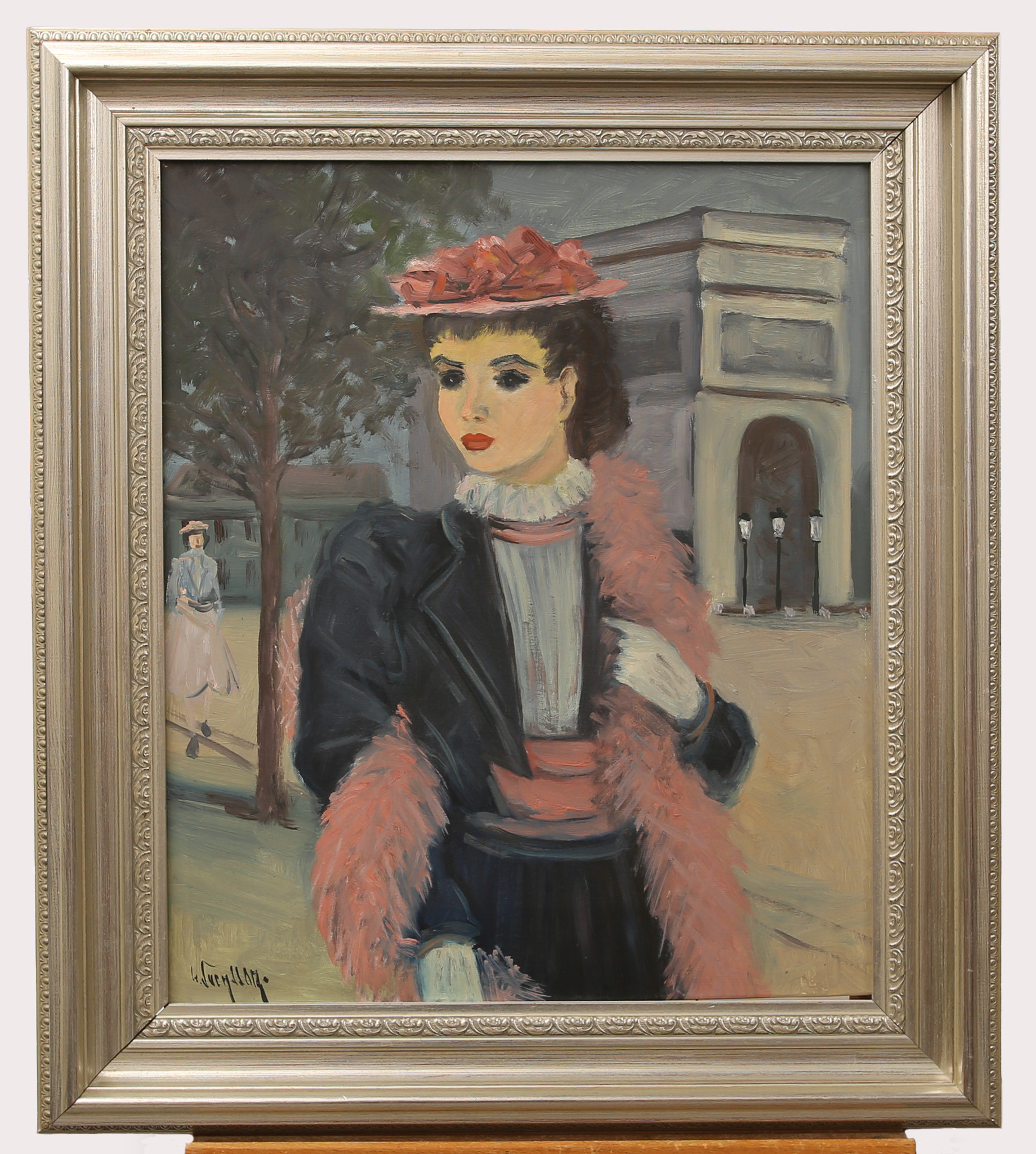 GÖTE SVENSSON. Olja på duk, uppklädd kvinna på promenad i stan signerad.