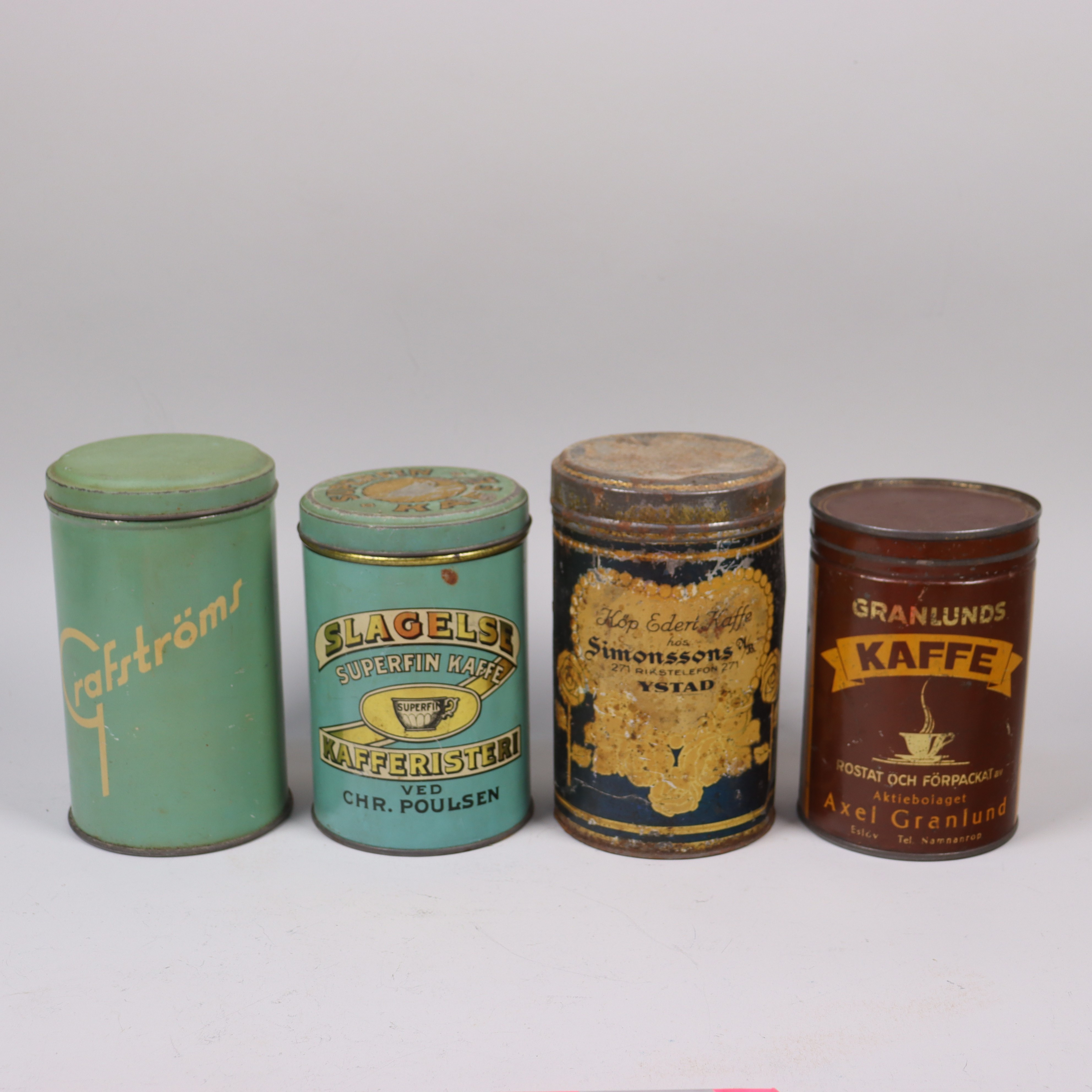 KAFFEBURKAR, Slagelse Kafferisteri, Grafströms, Simonssons ystad, Granlunds Kaffe, 4 st.