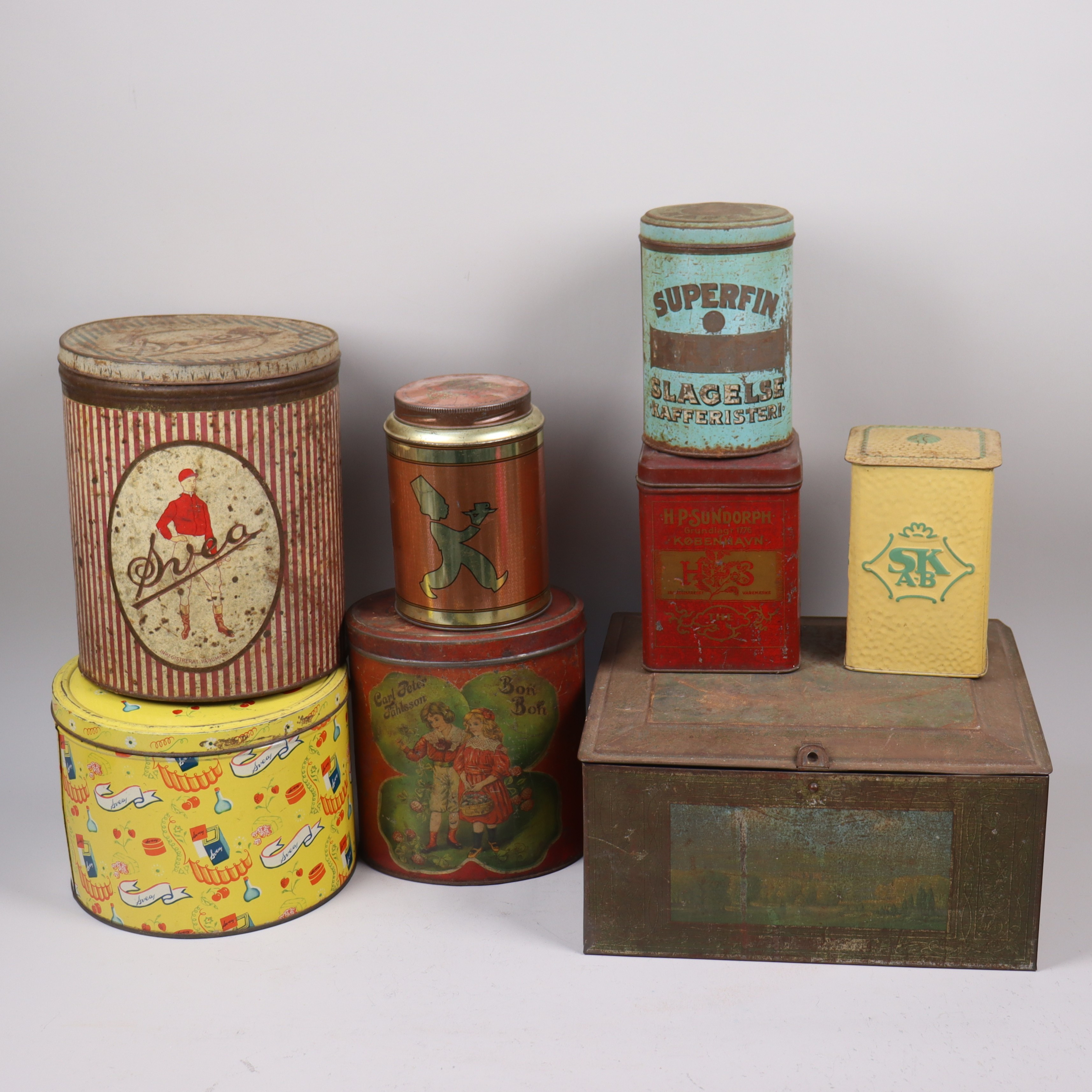 PLÅTBURKAR, Svea, Slagelse, SK AB, Påhlsson Bon Bon mm, 8 st.