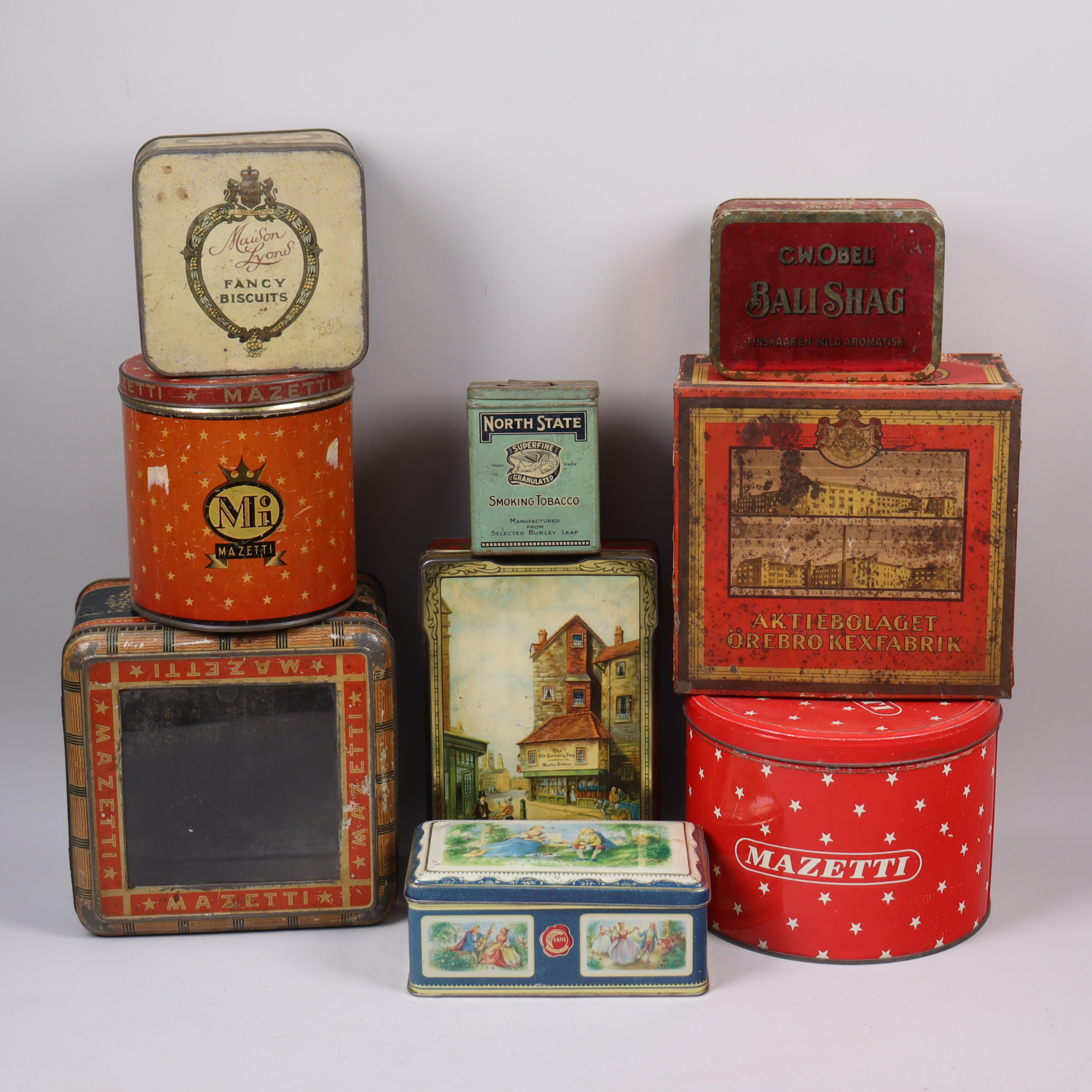 PLÅTBURKAR, Mazetti, Kärnans Kaffe, Örebro Kexfabrik mm, 9 st.