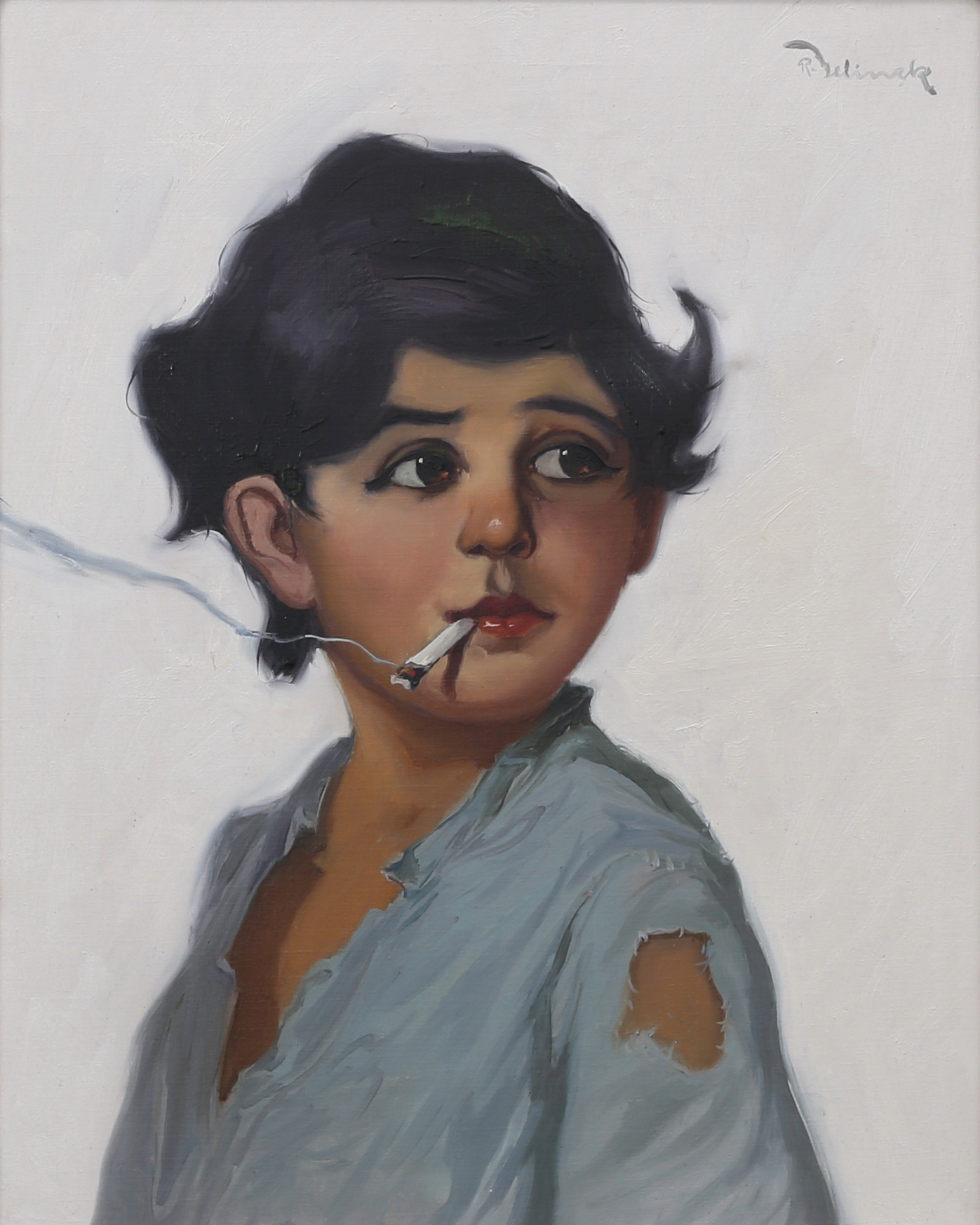 OIDENTIFIERAD KONSTNÄR. Rökande pojke. Olja på duk, otydligt signerad.