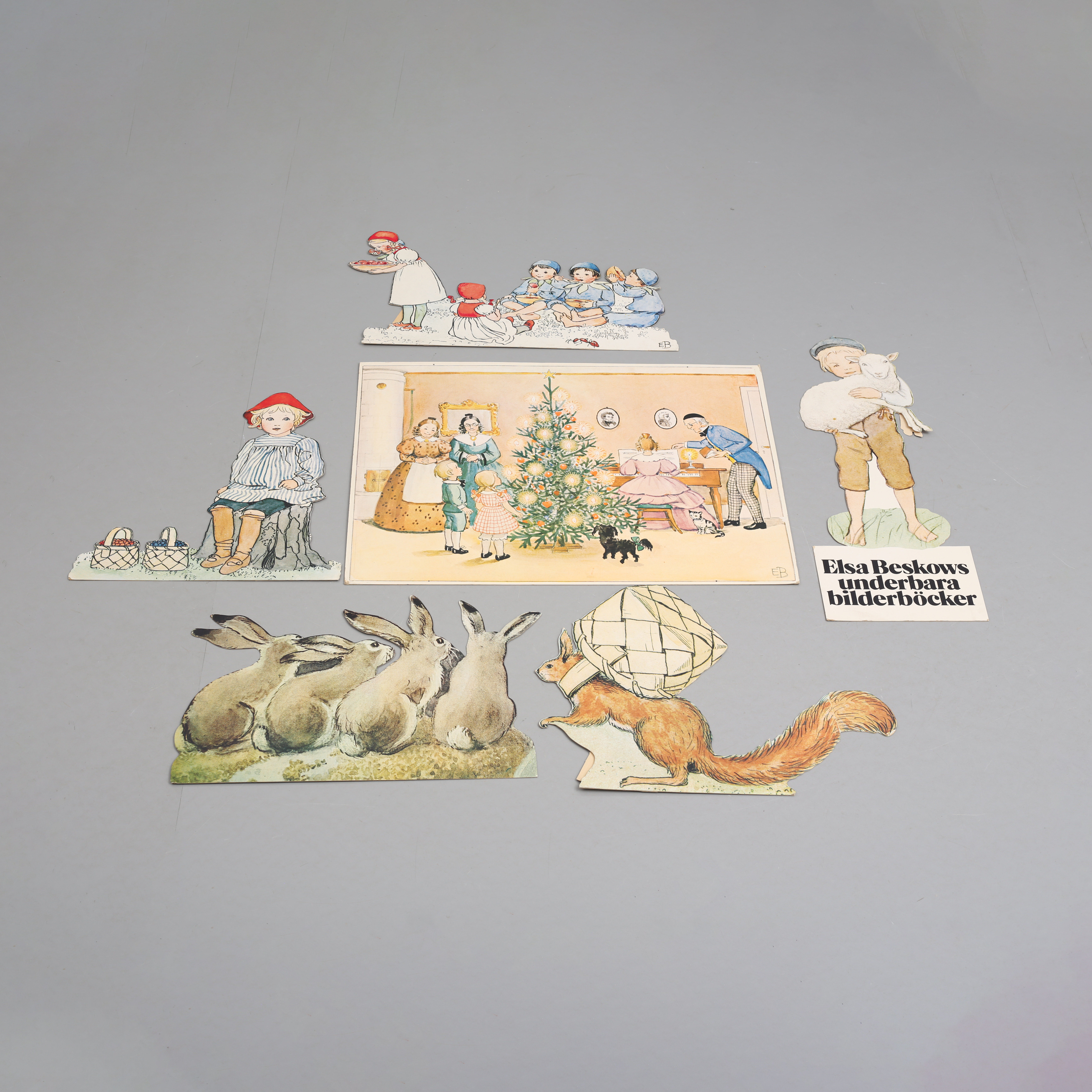 ELSA BESKOW. Reklamskyltar, 6 st, papp, 1900/2000-tal.