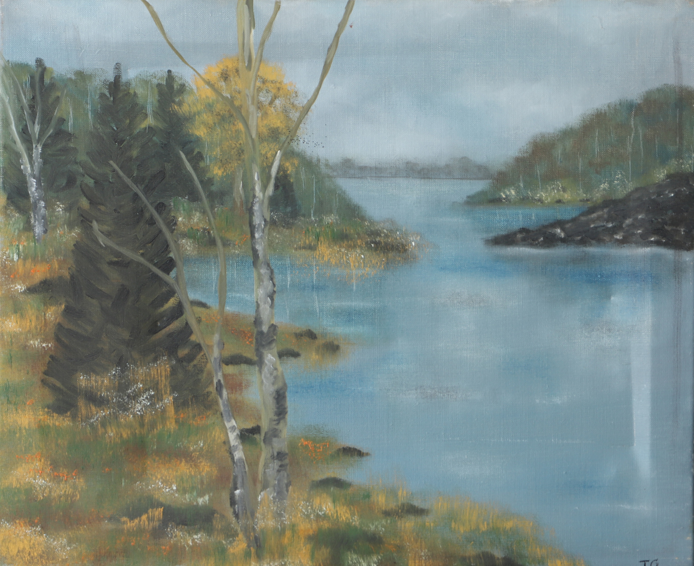 TEPPO GRÖNQVIST. Sjölandskap, olja på duk, signerad T.G.