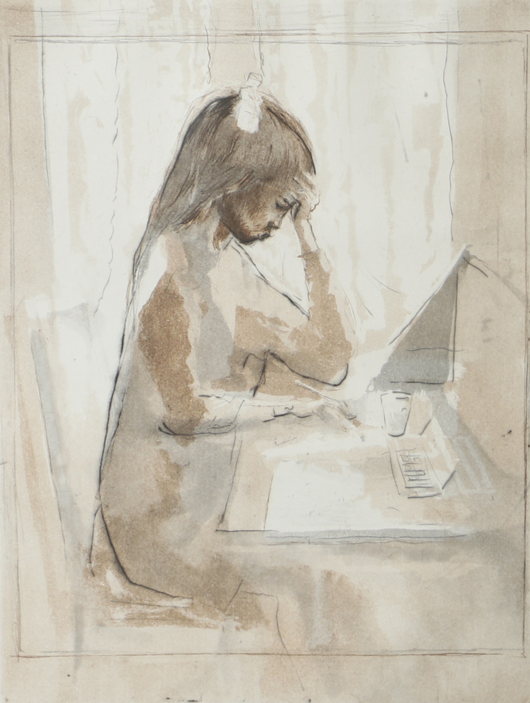 LOUIS BASTIN. Flicka vid skrivbord, färglitografi, signerad.