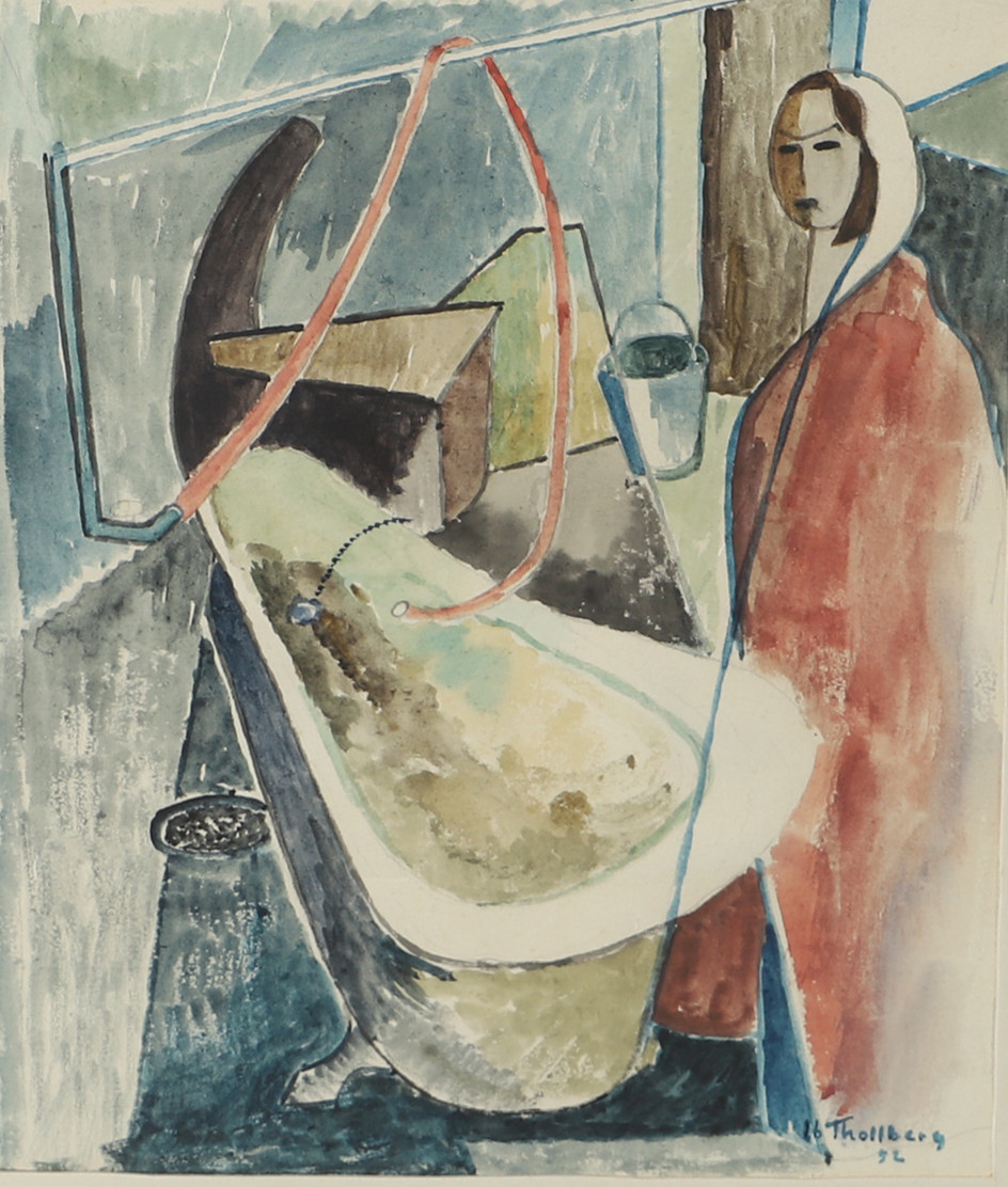 IB TOLLBERG. Kvinna vid badkar, blandteknik, signerad.