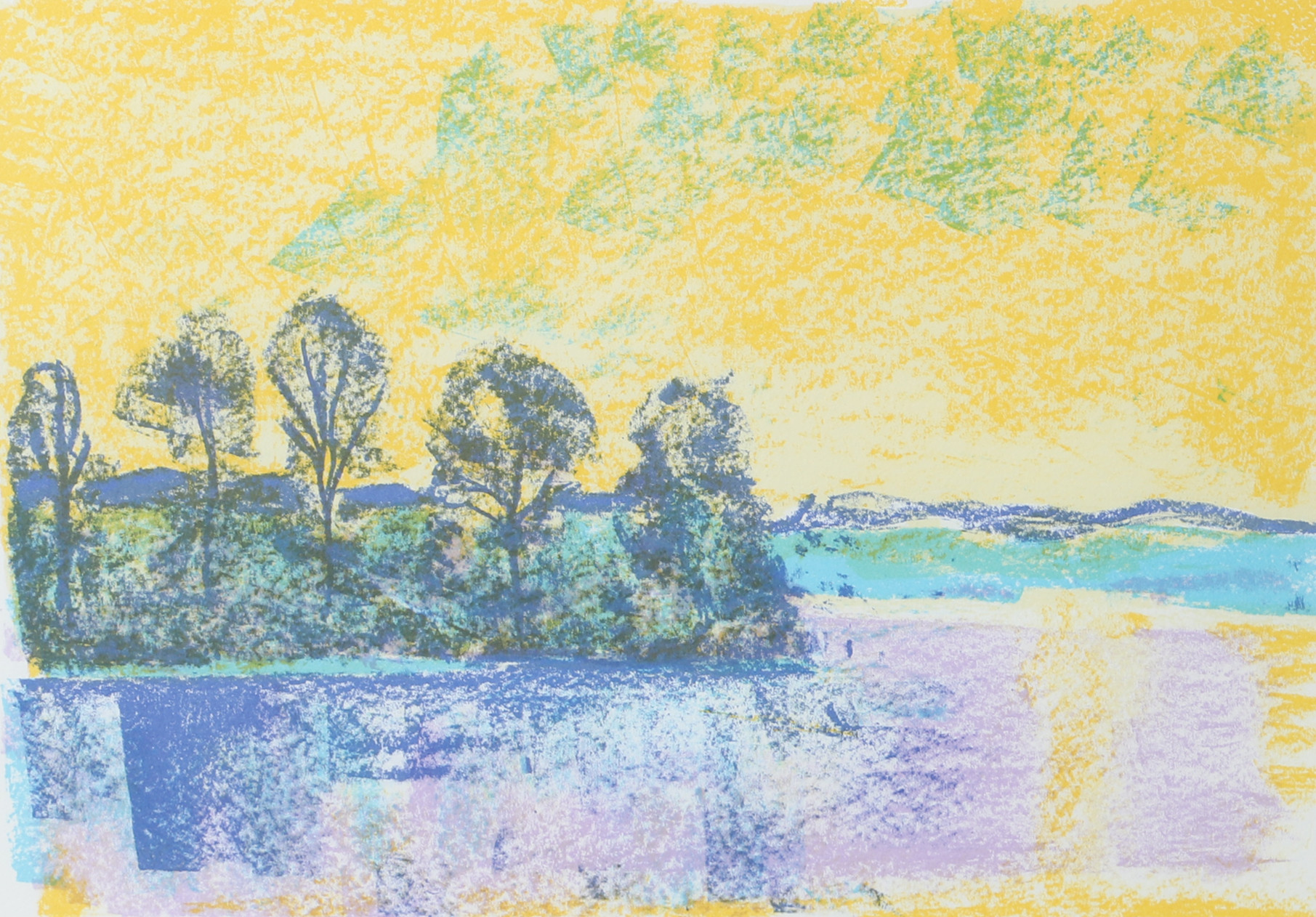 BERTIL  ALMLÖF. Landskap i gula toner, färglitografi, signerad -90.