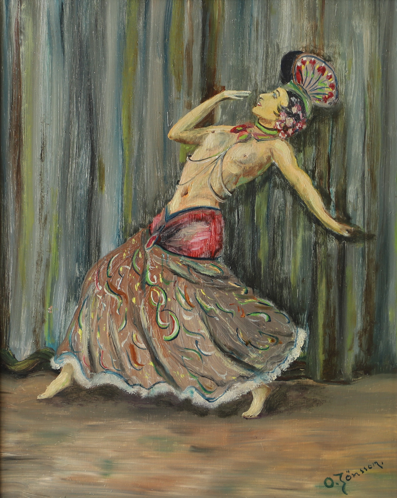 OIDENTIFIERAD KONSTNÄR. Dansande kvinna, olja på pannå, signerad O. Jönsson.