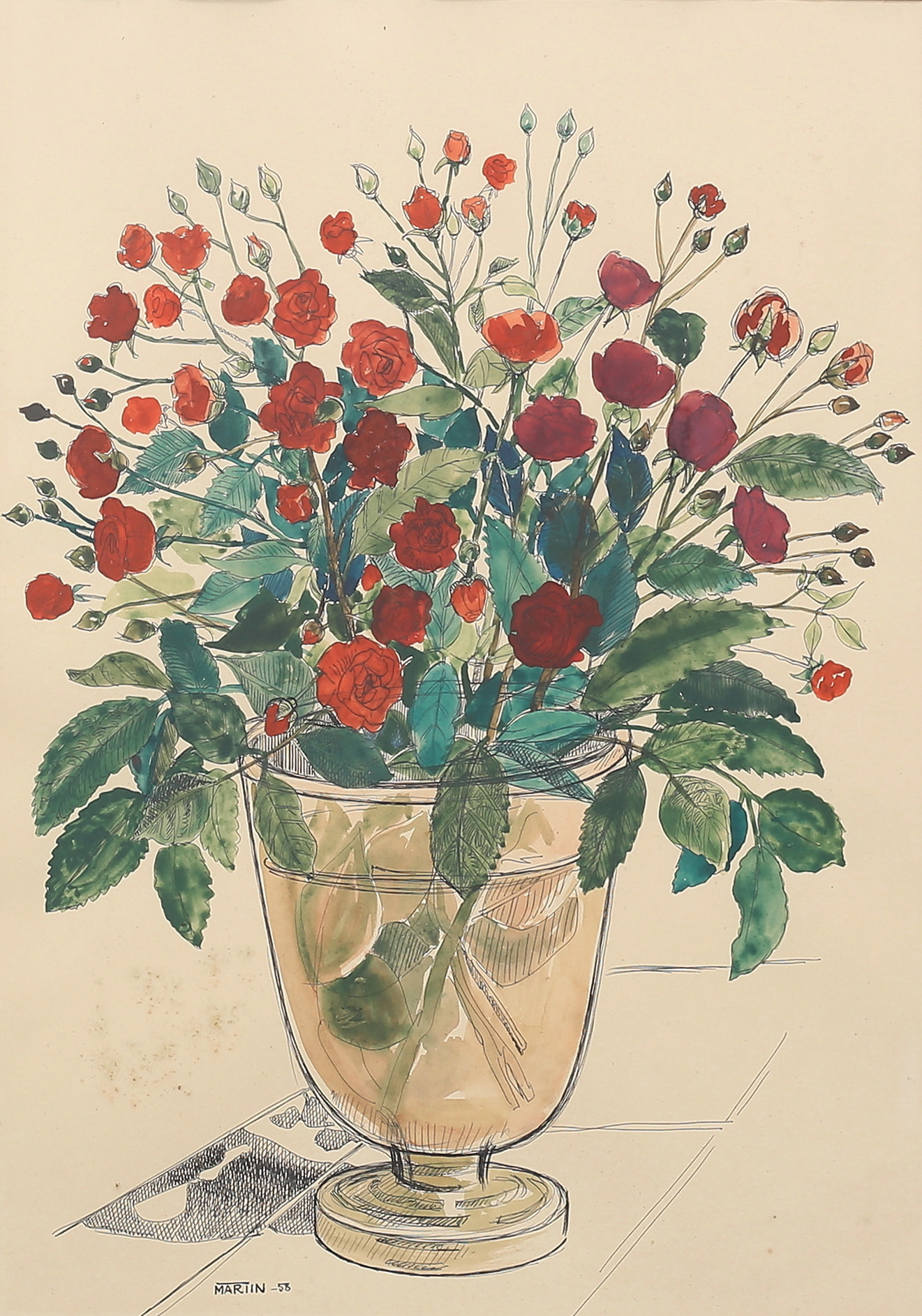 OIDENTIFIERAD KONSTNÄR. Stilleben med rosor. Akvarell, signerad Martin, daterad -58.