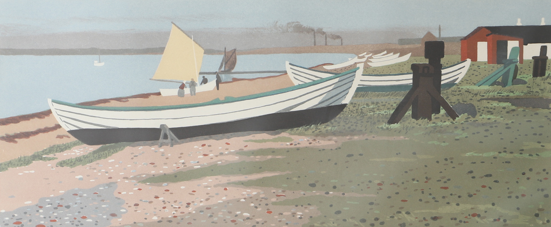 LARS NORRMAN. Kustparti med båtar, färglitografi, signerad.