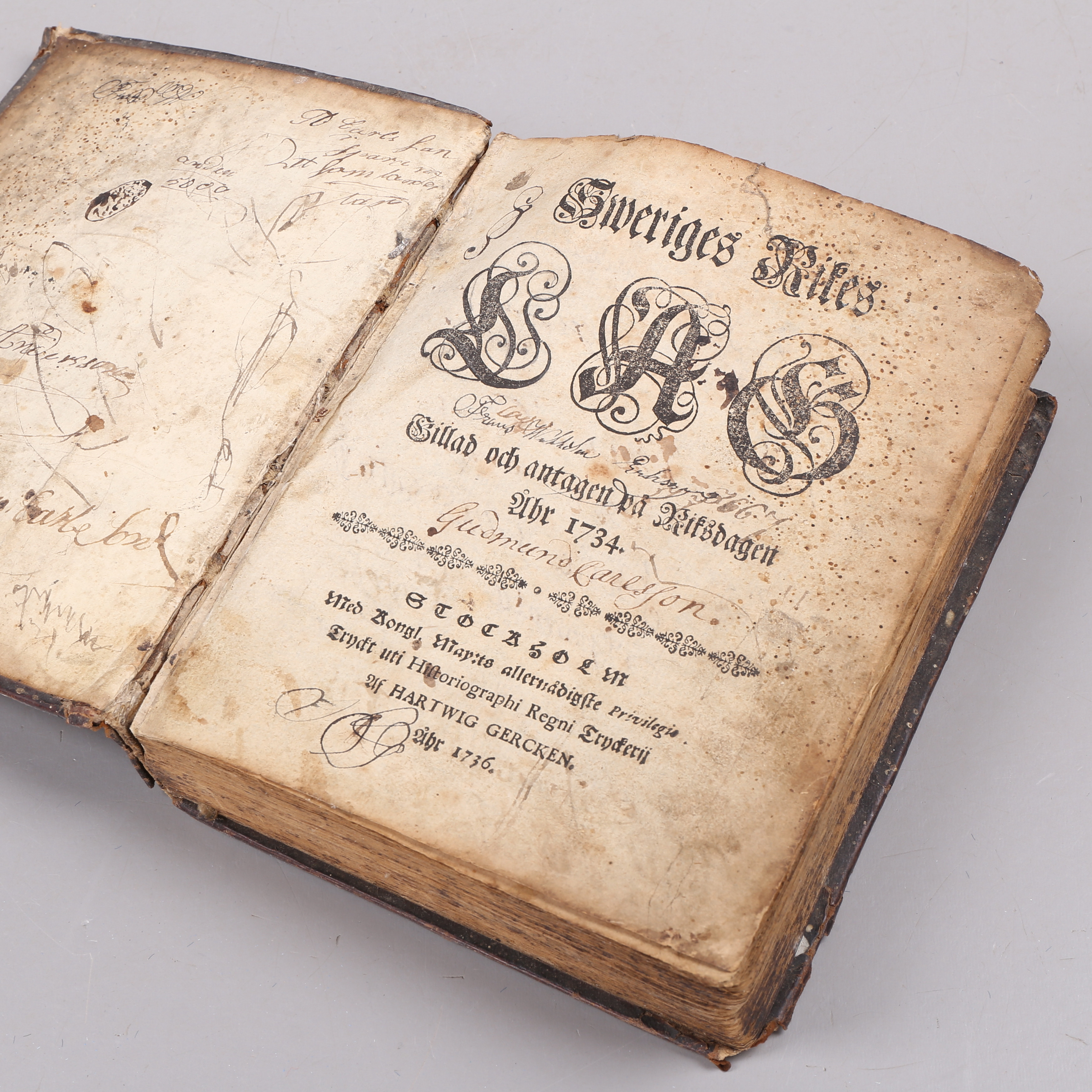 BOK "Sveriges rikes lag gillad och antagen på riksdagen åhr 1734", 1736.