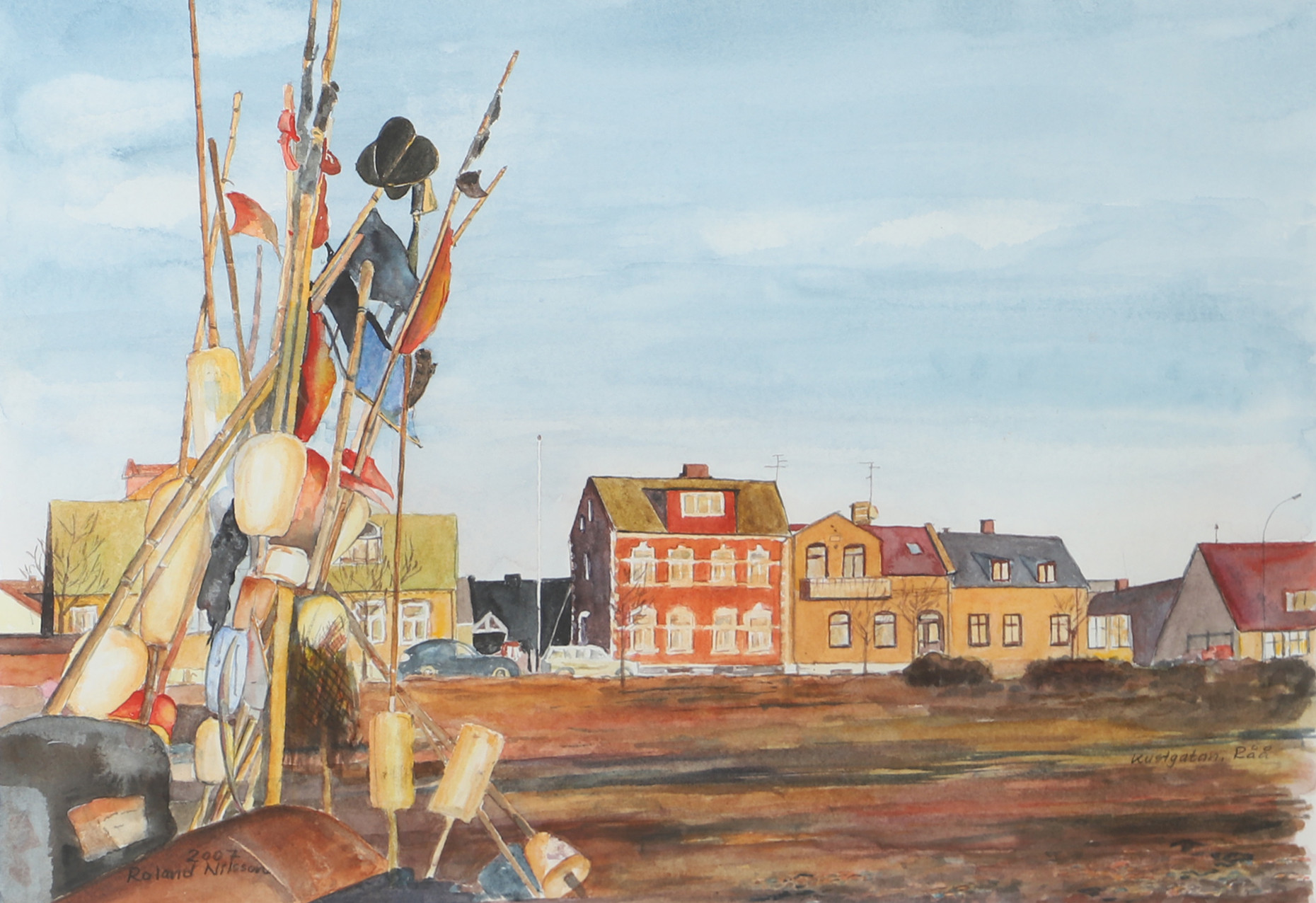 ROLAND NILSSON. "Kustgatan, Råå", akvarell, signerad 2007.