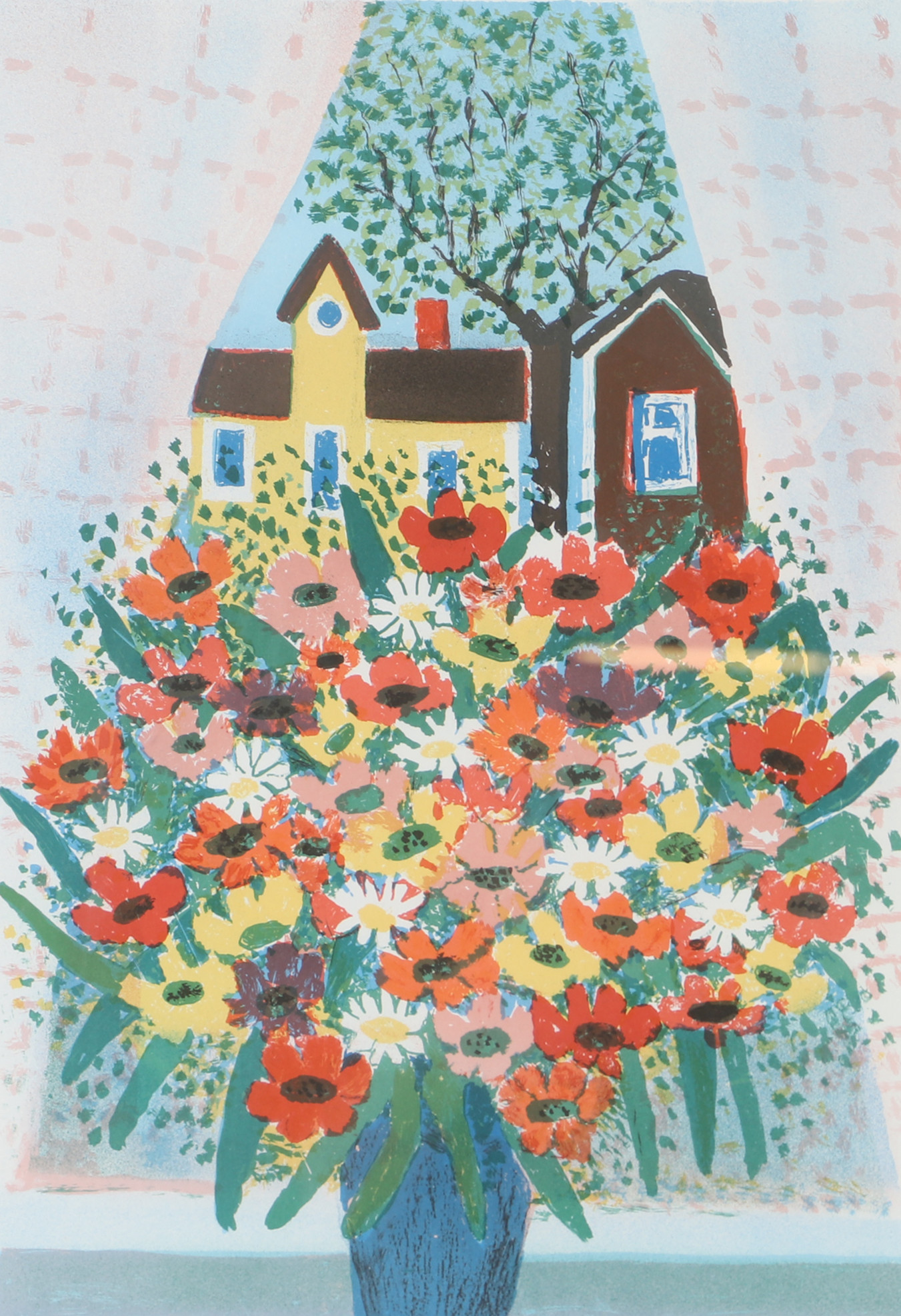 BERTIL NORDELL. Blomstervas i fönster, färglitografi, signerad.