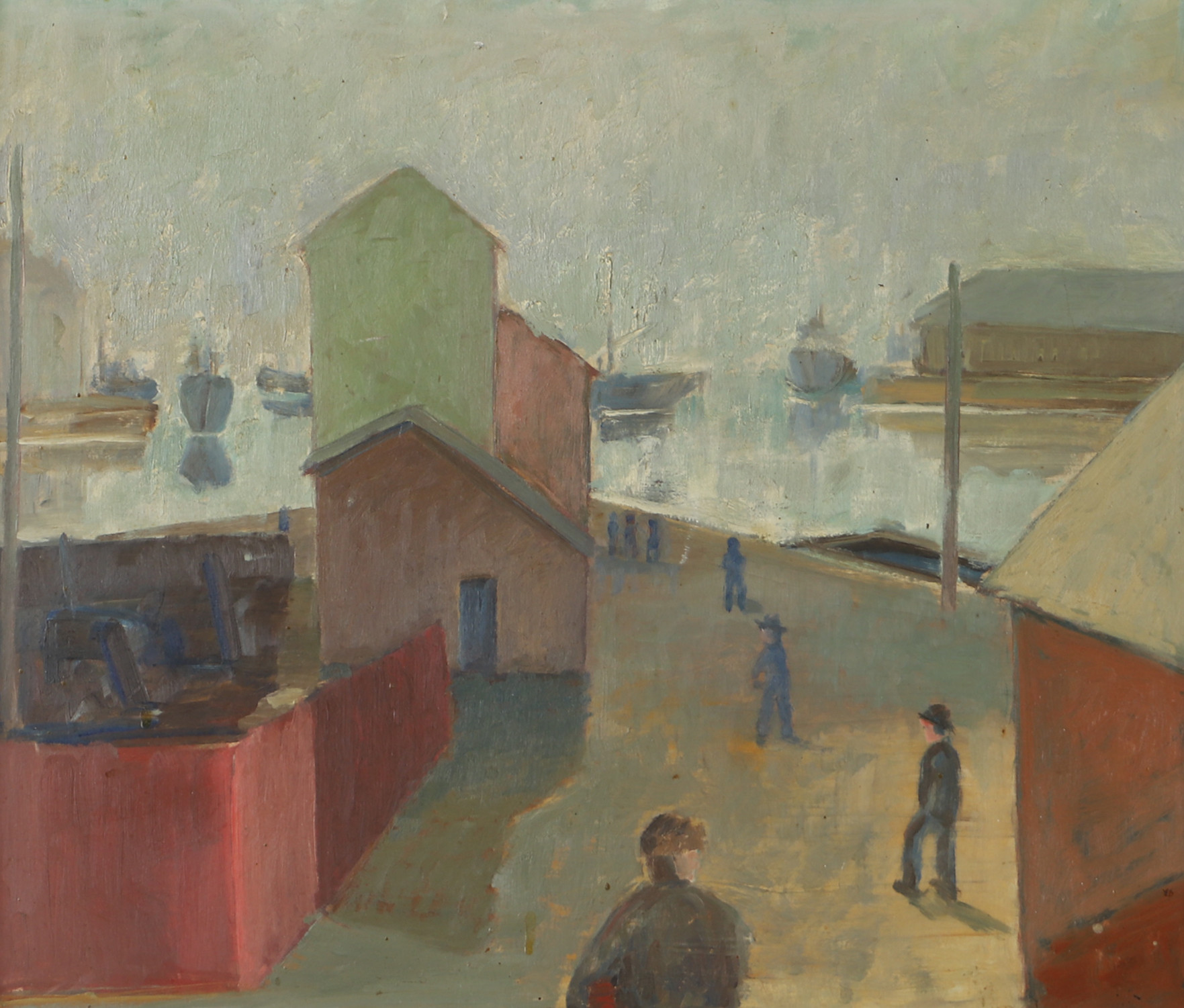 OIDENTIFIERAD KONSTNÄR. Hamnmotiv, olja på pannå, otydligt signerad.