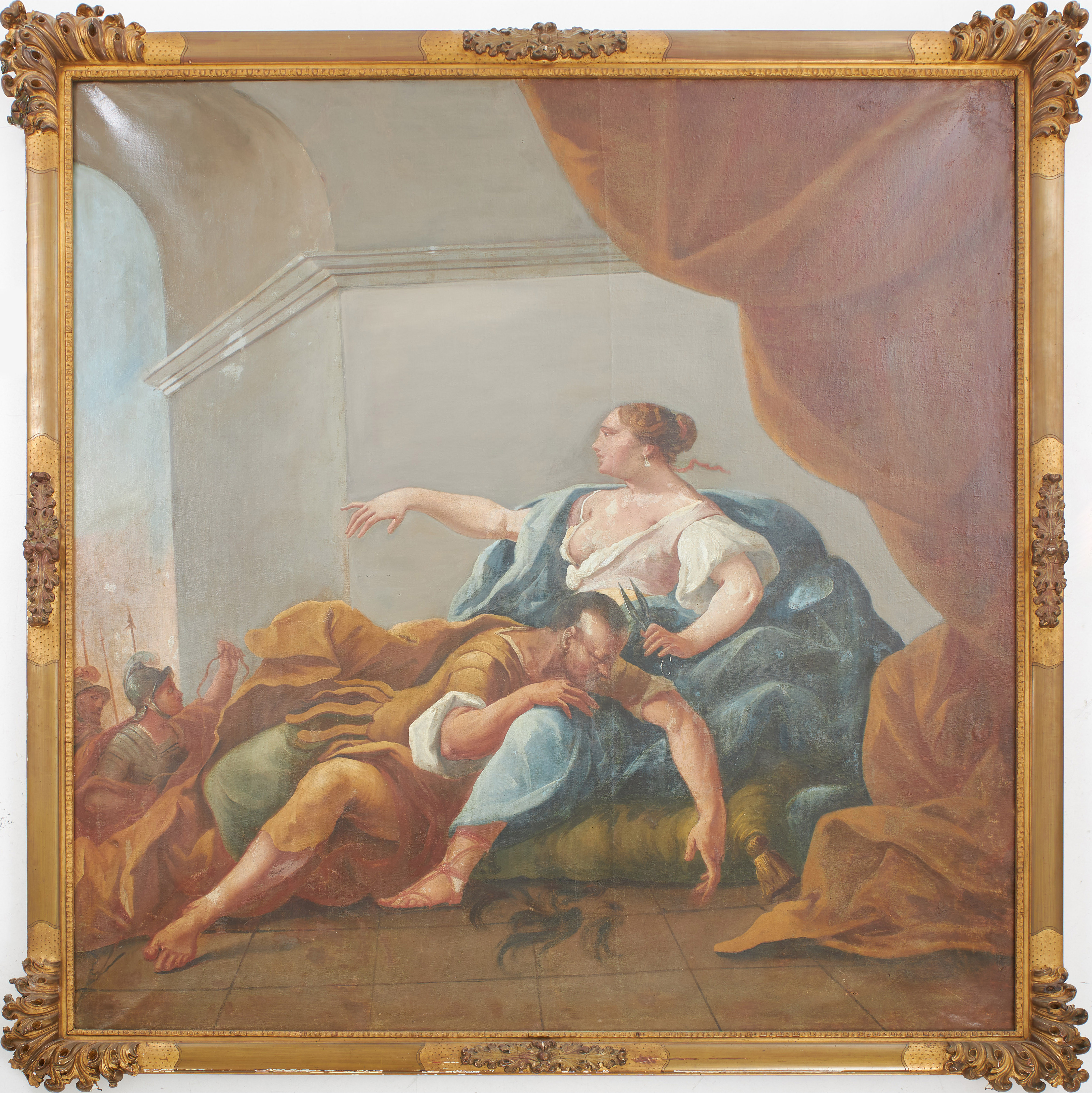 OKÄND KONSTNÄR. historiemåleri, sekelskiftet 18/1900-tal, olja på duk, ramen signerad CLAES HULTBERG, STOCKHOLM, bronserad träram med pastellage i relief.